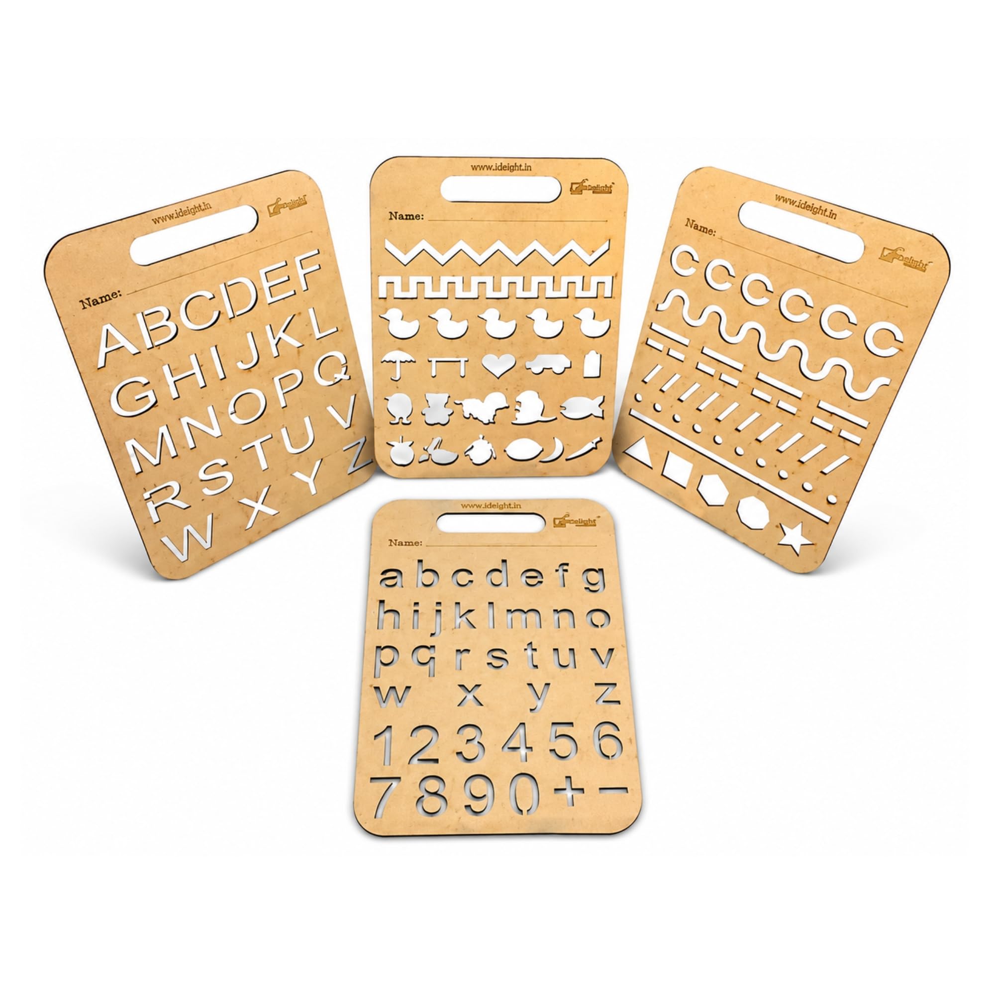 OiDelight Montessori Wooden Stencil Boards Set of 4. Tracing Kit for Alphabet Letters, Shapes, Numbers, Patterns, Lines, Zig-Zags, Waves, Spirals and Shapes, Large and Small Letters.-image-49