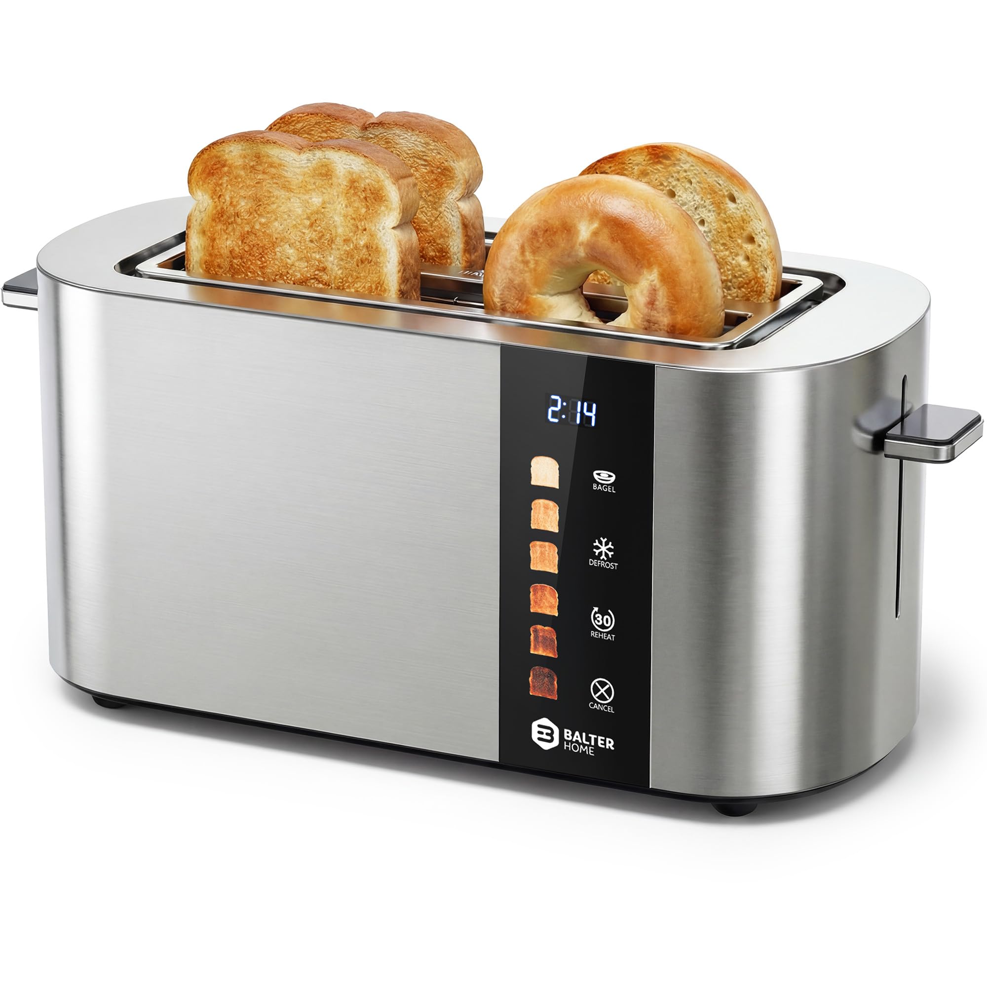 Balter Toaster 4 Slice Wide Slot, Bagel Function, Long Slot, Stainless Steel, Touch Screen, Built-in Rack, Extra-Wide 1.5" Slots for Thick Breads &amp; Bagel, Timer, BPA-Free, 6 Levels, Removable Tray