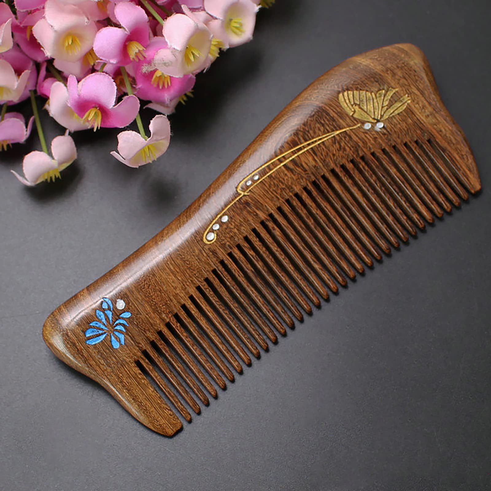 Peine de madera de sándalo, hecho a mano, peine de madera de sándalo, antiestático, peine de pelo de dientes finos para mujer, peine para barba, buen regalo (mariposa pintada)