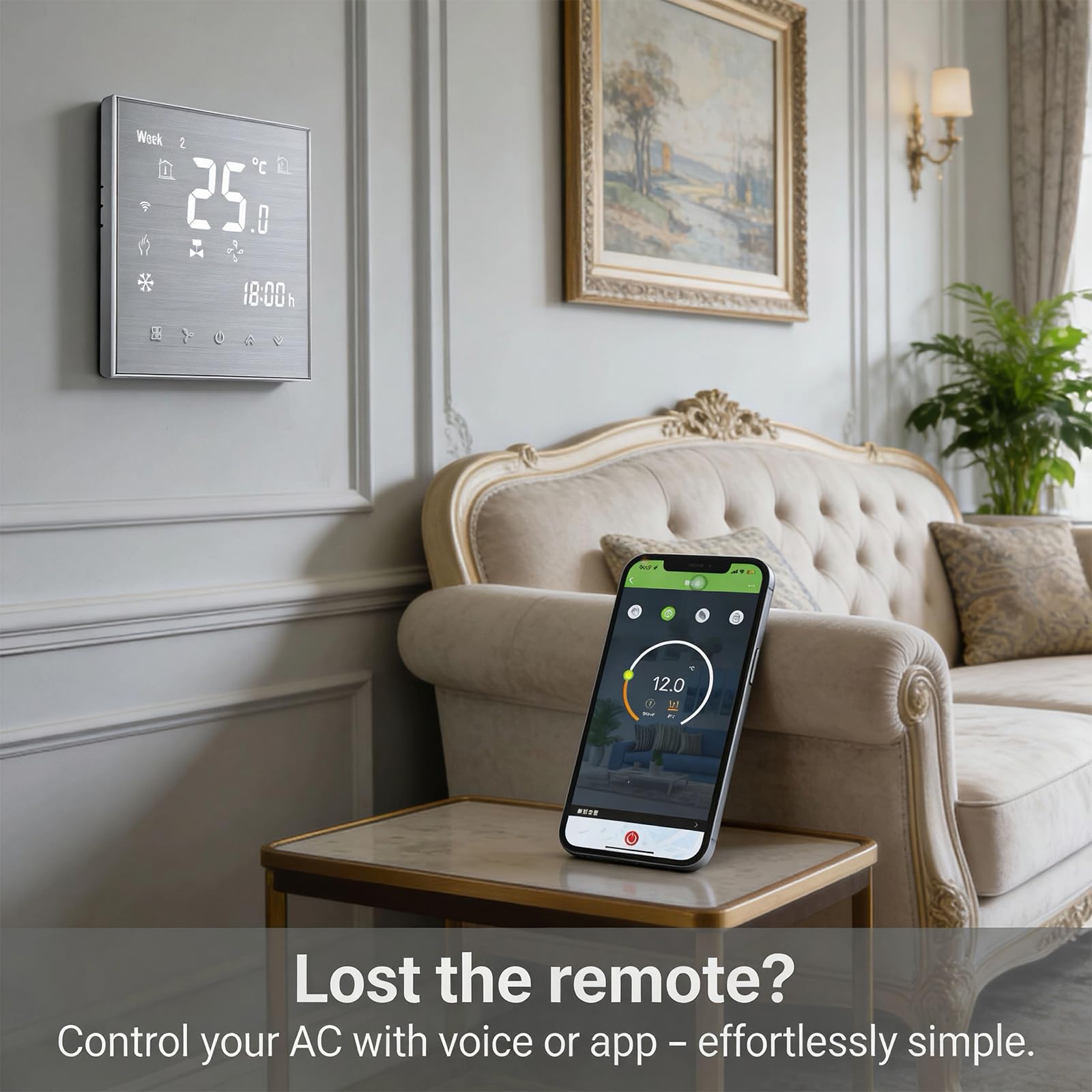 Termostato WiFi 2 tubi climatizzazione programmabile Alexa | Termostato smart per climatizzazione con pannello spazzolato, controllo WiFi remoto e comando vocale