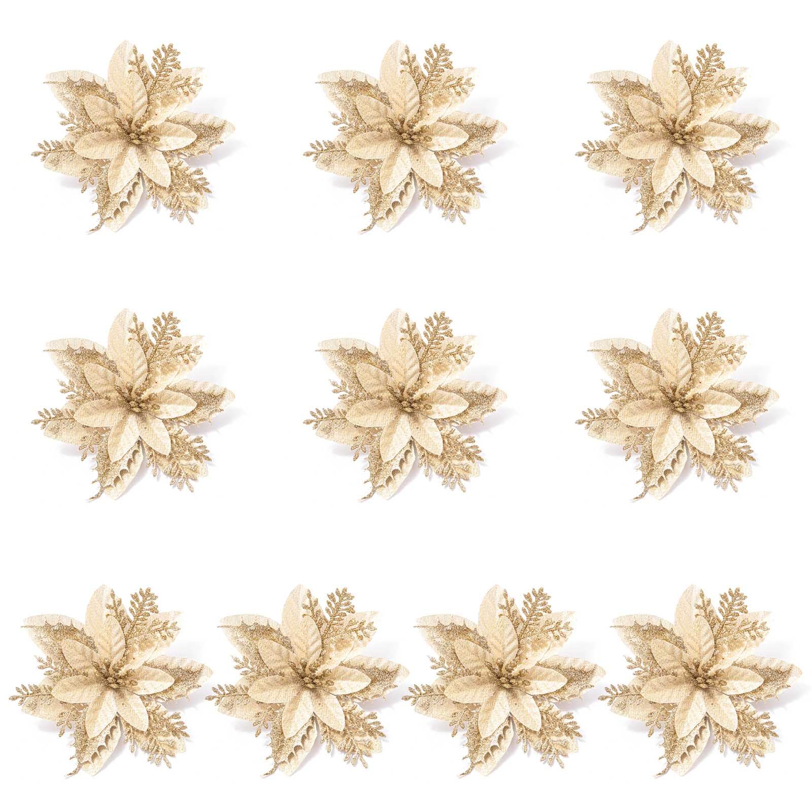 YROHGKPN 10pcs Glitter Poinsettia 5.5" Artificial Christmas Flowers XmasTree Ornaments for Wedding Party Wreath Decoration Craft Christmas Ornaments