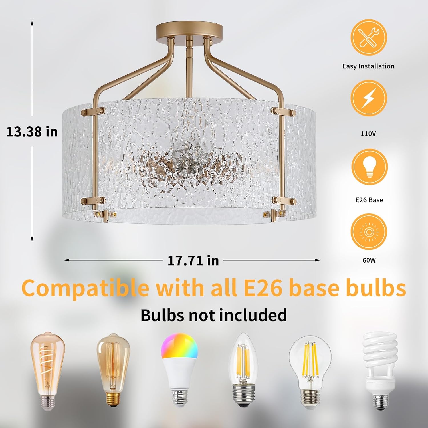 Semi Flush Mount Ceiling Light Fixture,Glass Drum Kitchen Lighting Fixtures Ceiling,18''Gold Modern Light Fixture Chandelier,5-Light Foyer Lighting Fixtures for Living Room Hallway Foyer Porch