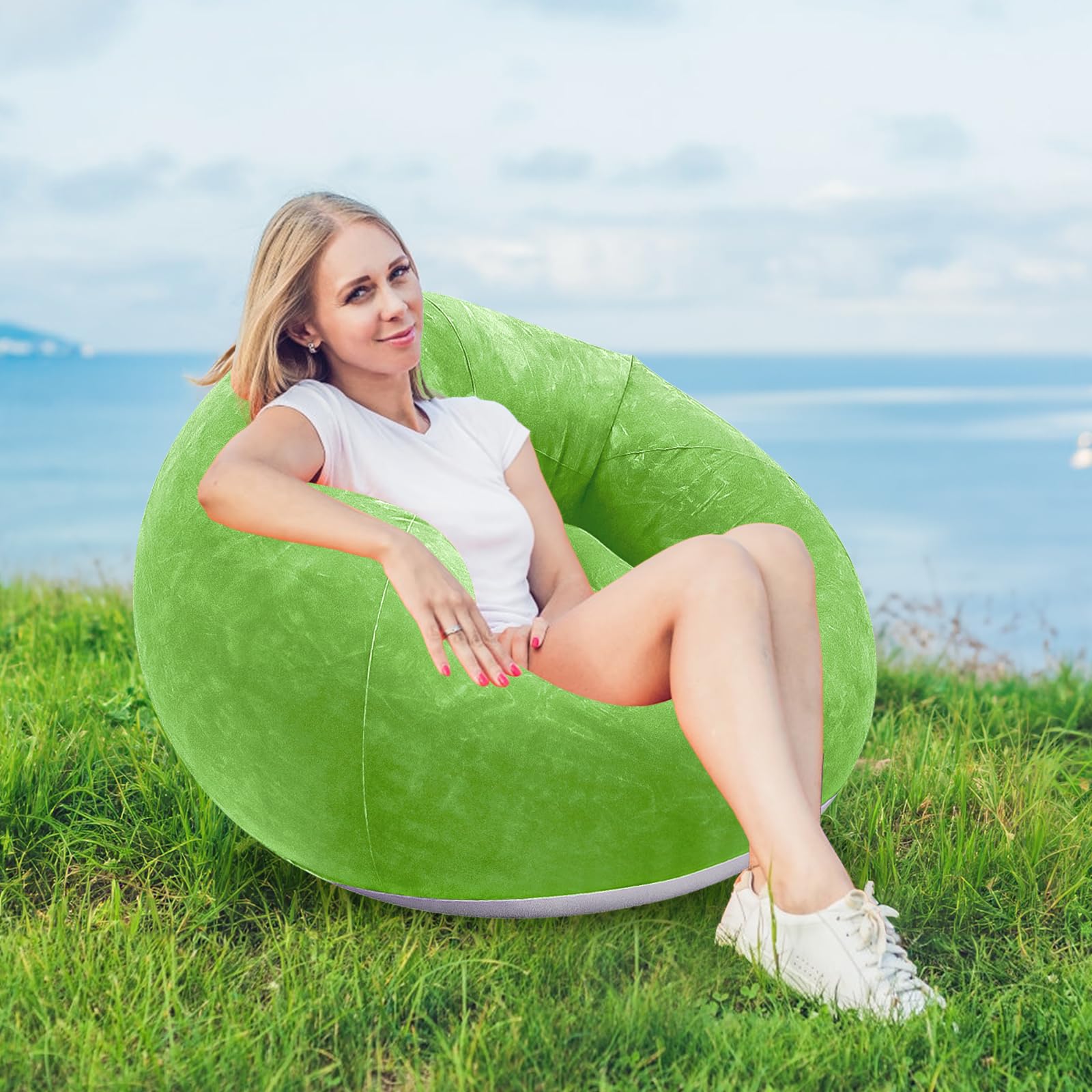MALLOOM 2 Chaises Poufs Gonflables pour Adultes – Canapé Paresseux Gonflable avec Pompe Électrique – Canapé Portable Pliable pour Salon, Chambre, Extérieur, Camping 120 cm (Vert, Orange)