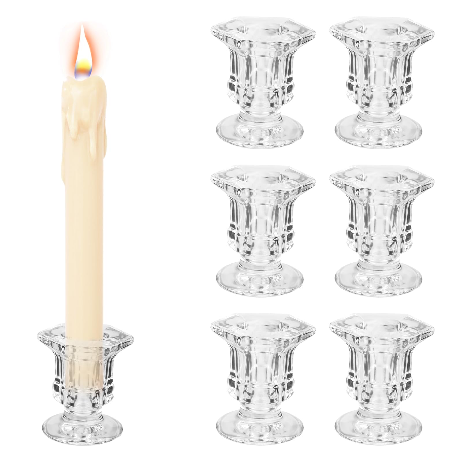 YHNDECO Glass Candle Holder for Candlestick, 6Pcs Clear Candle Holders Thicker Glass Candle Sticks Set, Taper Hexagonal Candlestick Holders for Wedding, Festival, Party & Table Decoration(B-Shape)