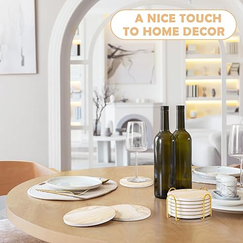 Miniatura 4 de GOH DODD Juego de 6 posavasos para bebidas, de cerámica, absorbentes, estilo mármol, protección de mesa, decoración del hogar con soporte de metal