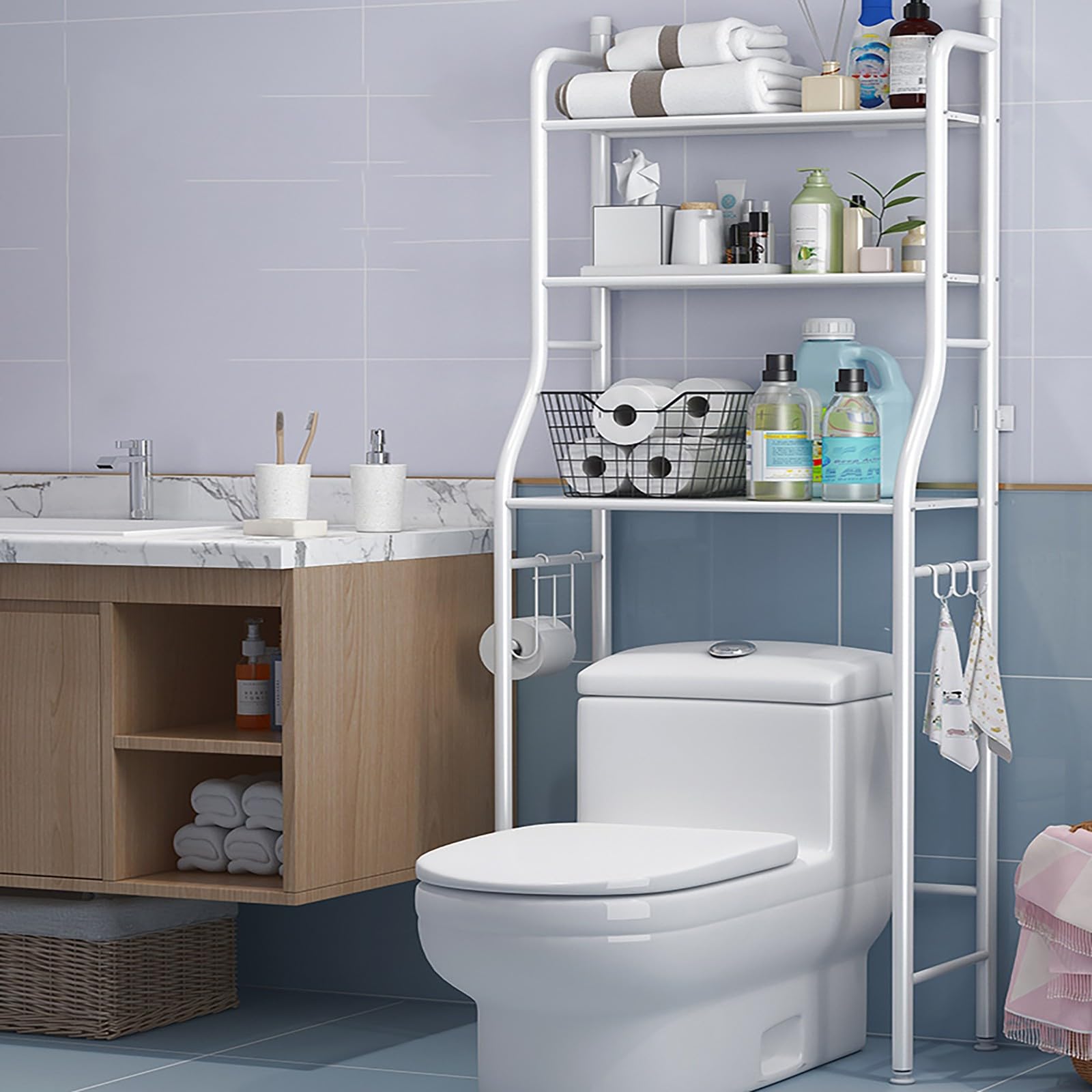 Ripiani regolabili a 3 ripiani sopra il WC, soluzione salvaspazio per bagno, cucina e organizzazione di studio