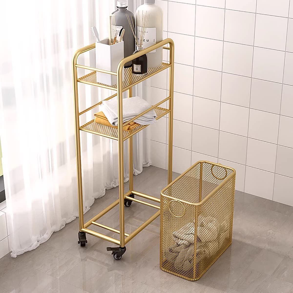 3 Tier Laundry Hamper With Wheels - Shelves & Storage - Bathroom Organizer Rack - Easy To Move Storage Cart For Clothes & Linens - Metal Construction.