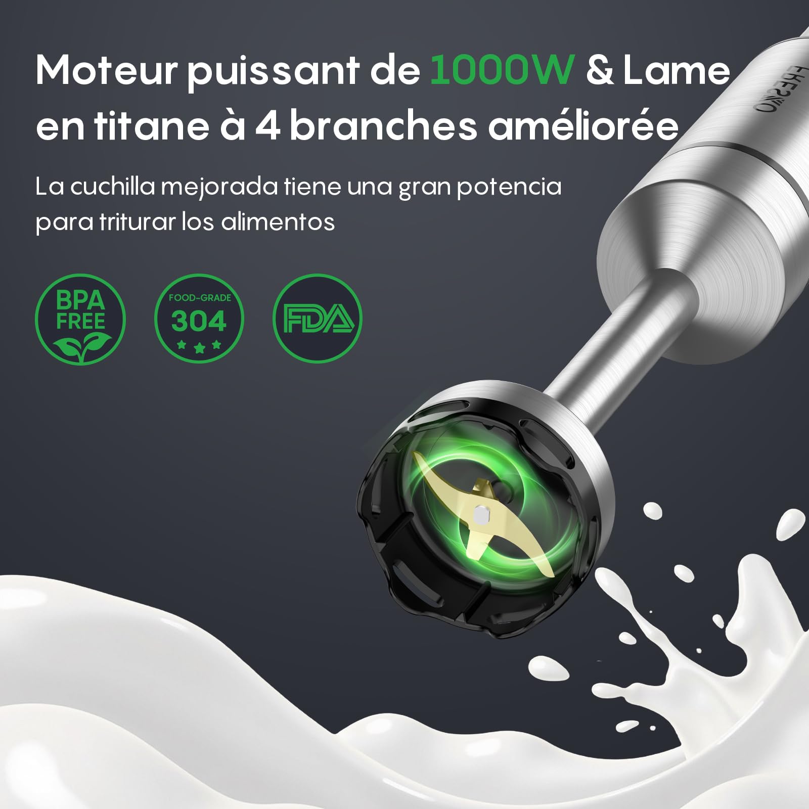 FRESKO Mixeur Plongeant 1000W, Vitesse Variable, Conception détachable | Pied Acier Inoxydable avec Protège-Casserole, pour Bébé, Soupes, Smoothies, Purées et Sauces, Noir
