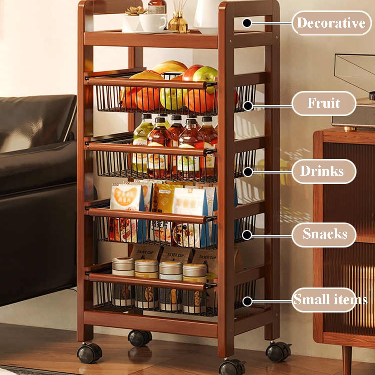 Carrello Portaoggetti Con Ruedas Compacto Con Cestas Extraíbles Y Superficie De Madera Organizador Móvil De Almacenamiento Para Cocina Con Asa Para Espacios Reducidos(4-Tier)