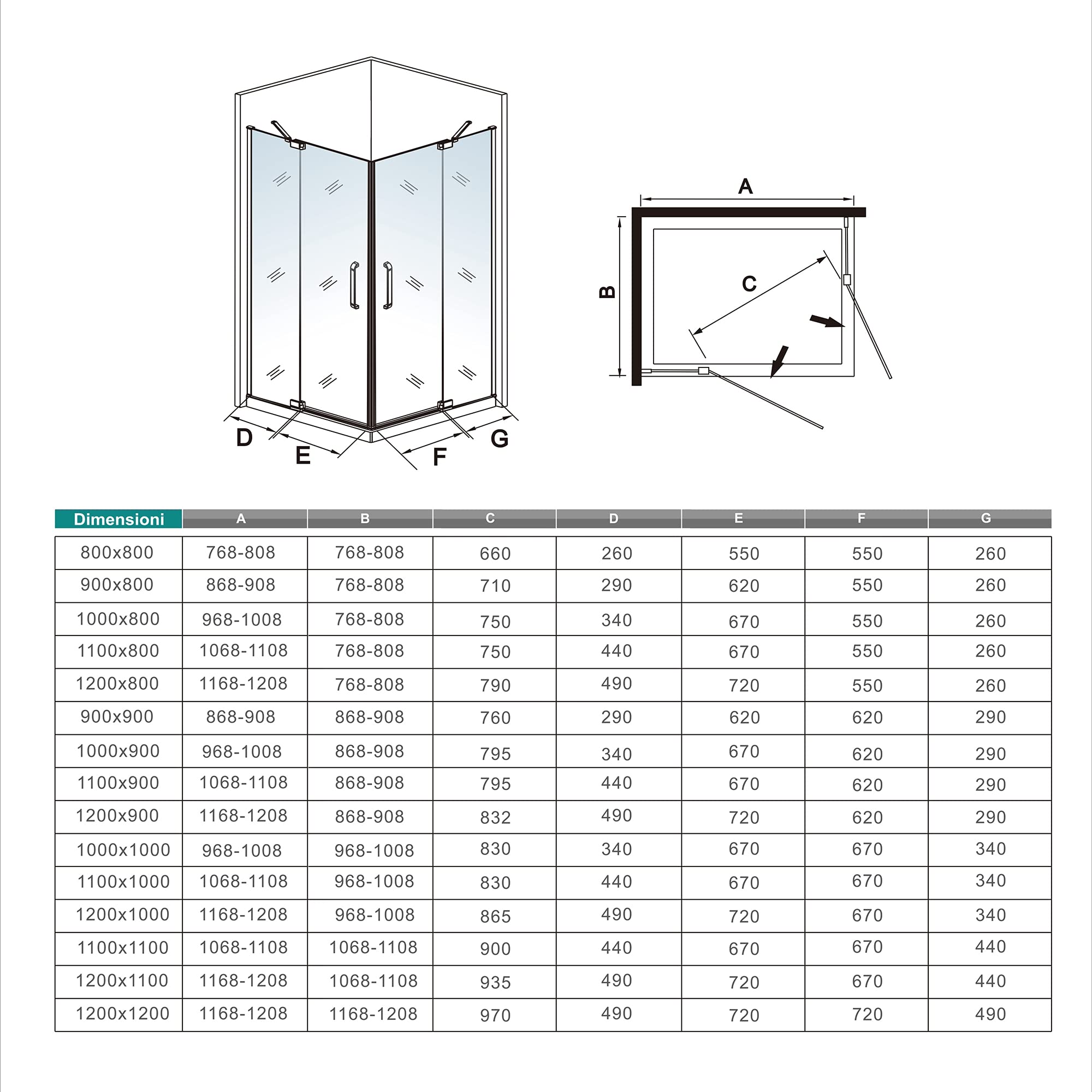 H.195cm Box Doccia Angolare 80x80cm 2 Porta Battente vetro 8mm 2 Barre