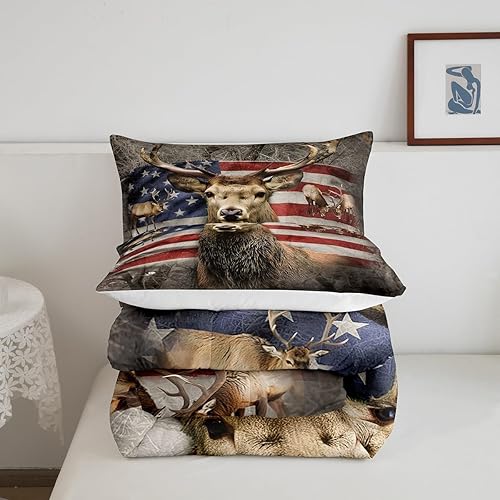 Miniatura 5 de Juego de edredón de poliéster natural con estampado de bandera estadounidense y ciervos, tamaño Queen, color marrón, con 2 fundas de almohada, con