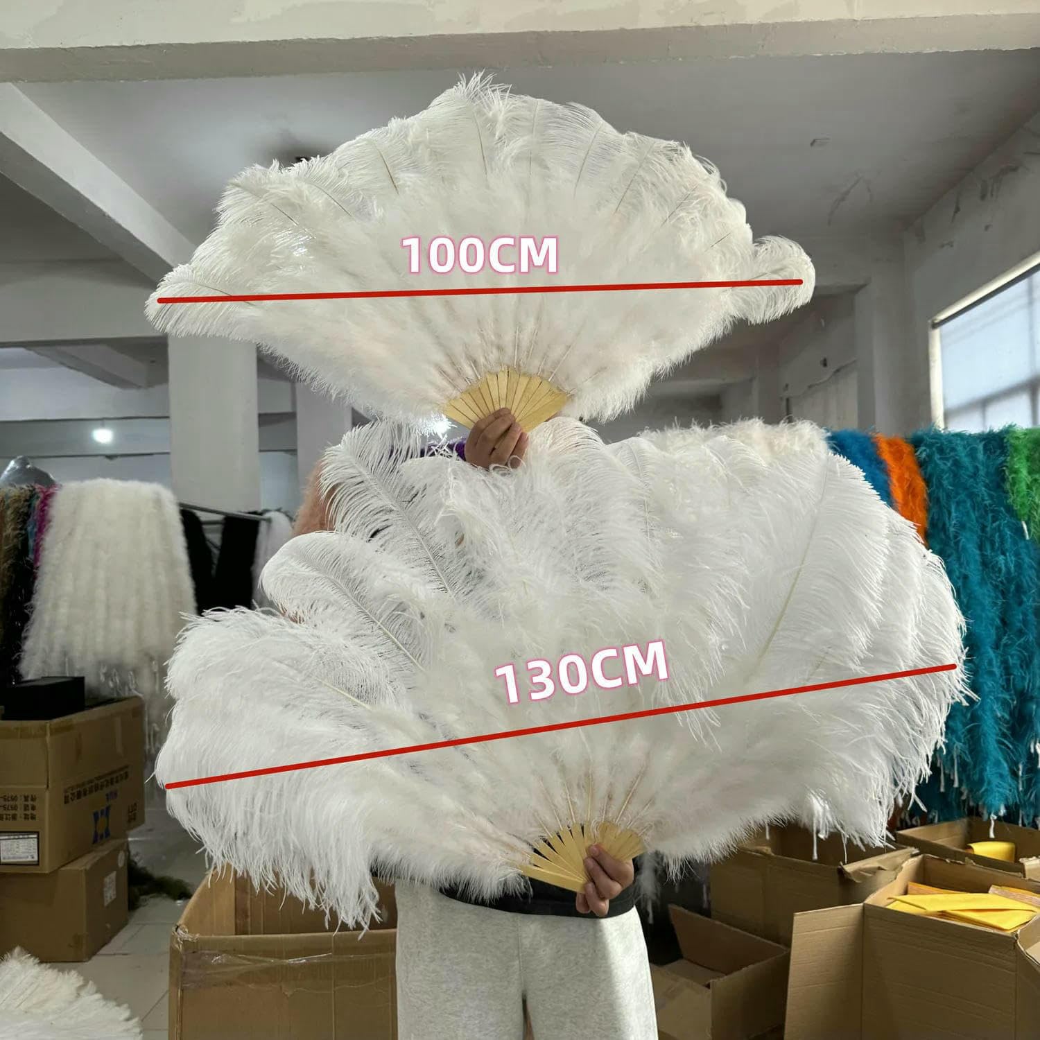 Ventaglio di piume di struzzo bianco grande da 130 cm, soffice, con 13 ossa, portatile, per carnevale, danza del ventre, spettacolo teatrale, piume, fai da te, artigianato, rosa scuro, piccolo venta