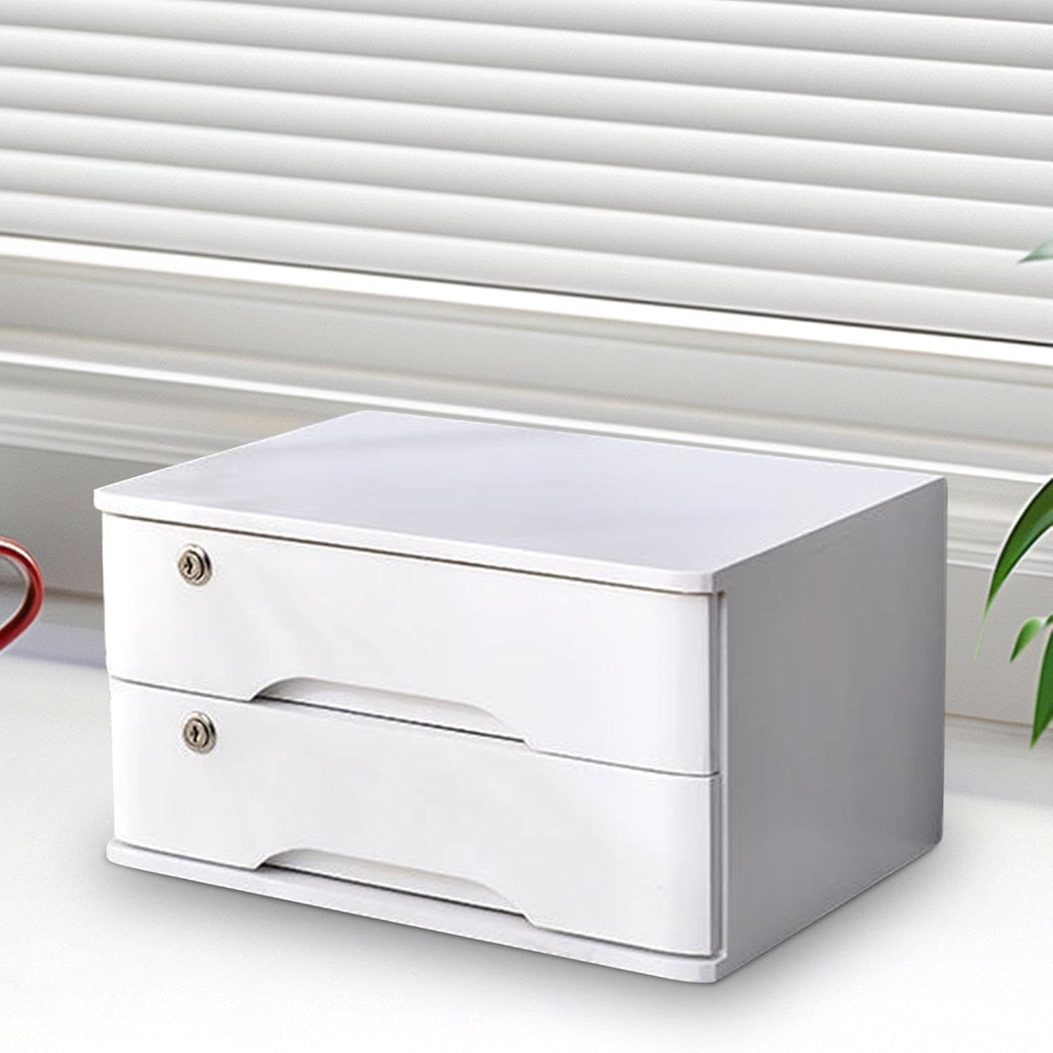 Wood Desktop Storage Box with Lock, Wooden Tabletop Cabinet,Daily Storage,Sturdy Storage Drawer Desk Organizer for Counter, White/White