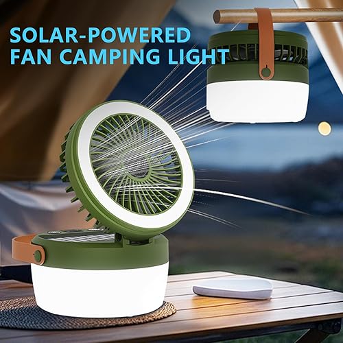 Miniatura 2 de Ventilador de campamento con energía solar, 3 velocidades con 4 modos de luz, carga USB y solar, ventilador solar portátil para tienda de campaña,