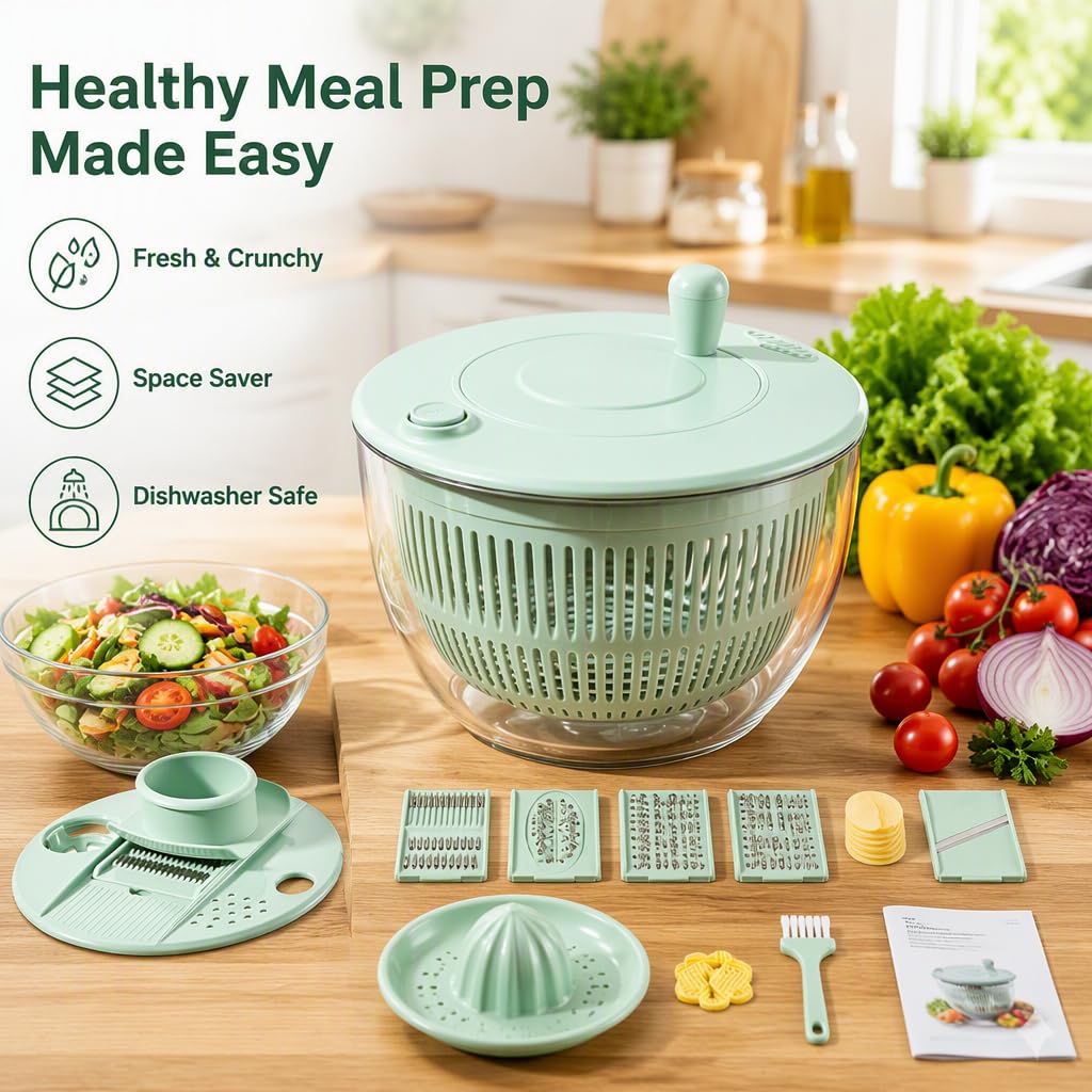 Centrifugadora multifuncional 5 en 1 para ensaladas y preparación de verduras con 5 cuchillas, capacidad de 5 litros y funcionamiento manual.