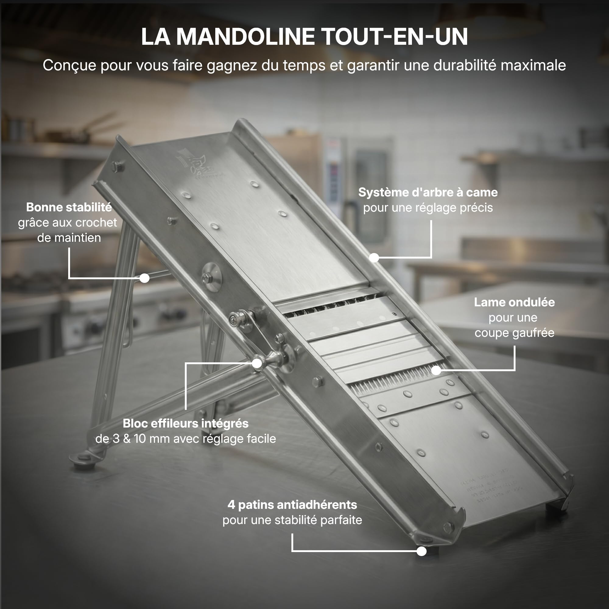 Louis Tellier – Mandoline Inox Professionnelle avec Chariot – Fabriqué en France – 2 Peignes 3 et 10 mm pour Frites et Julienne – Lame Lisse et Gaufrée Réglable