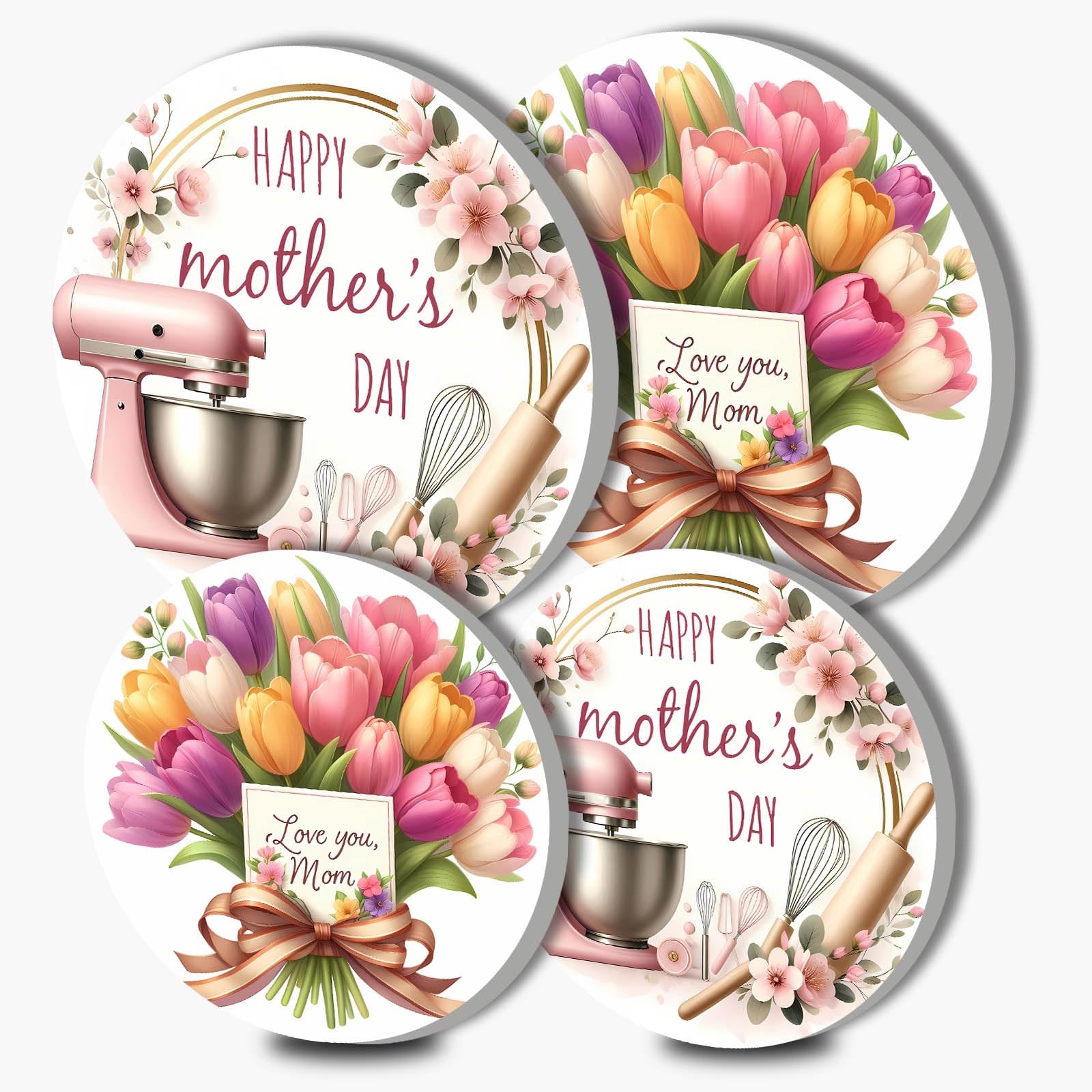 Mother's Day Electric Stove Burner Covers,4 Pcs Flowers Round Stove Burner Covers Tulips Gas Stove Burner Cover,8 Inch and 10 Inch,Happy Mother's Day Metal Cooktop Home Decorative