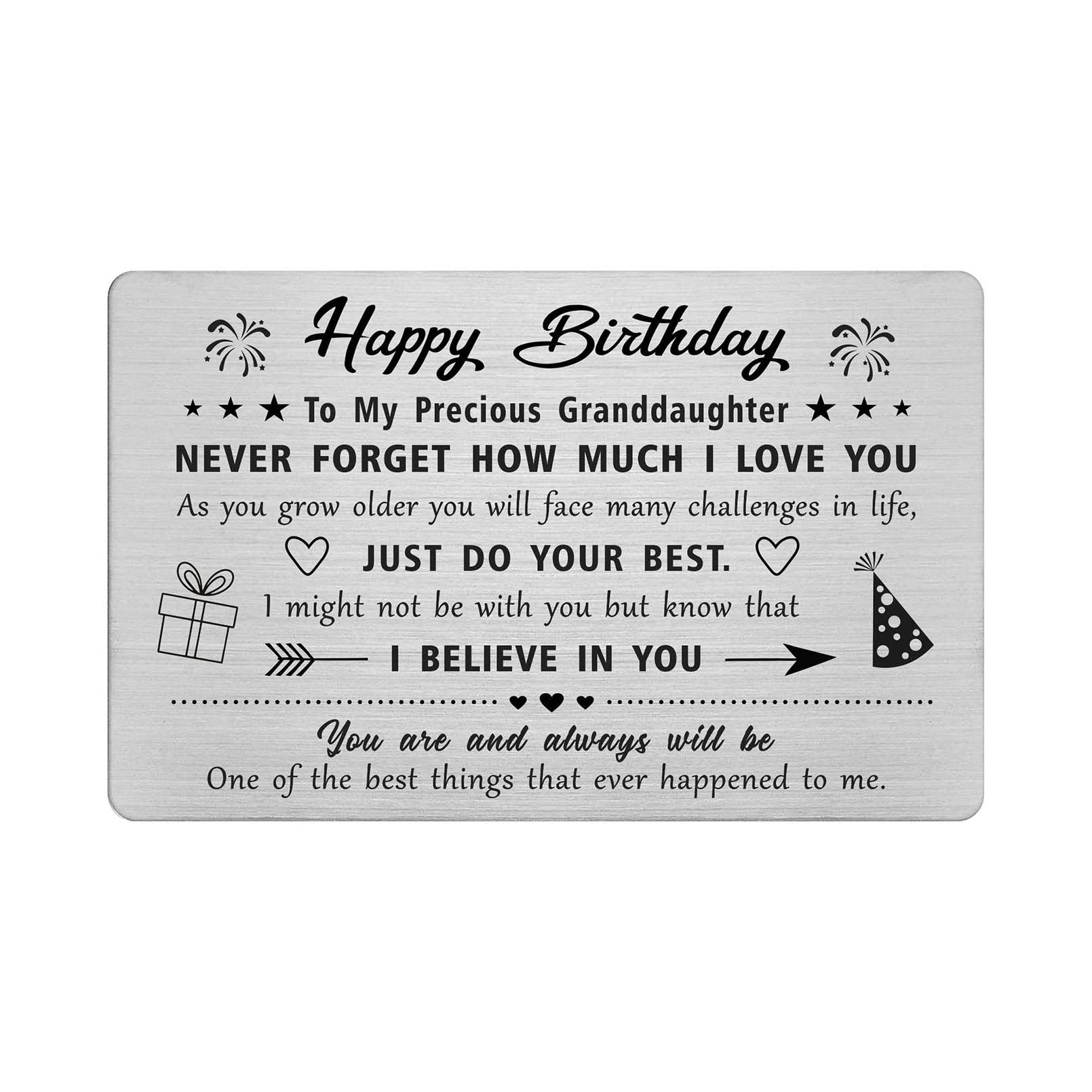 FALOGIJE Granddaughter Birthday Card Gifts, Engraved Metal Wallet Card