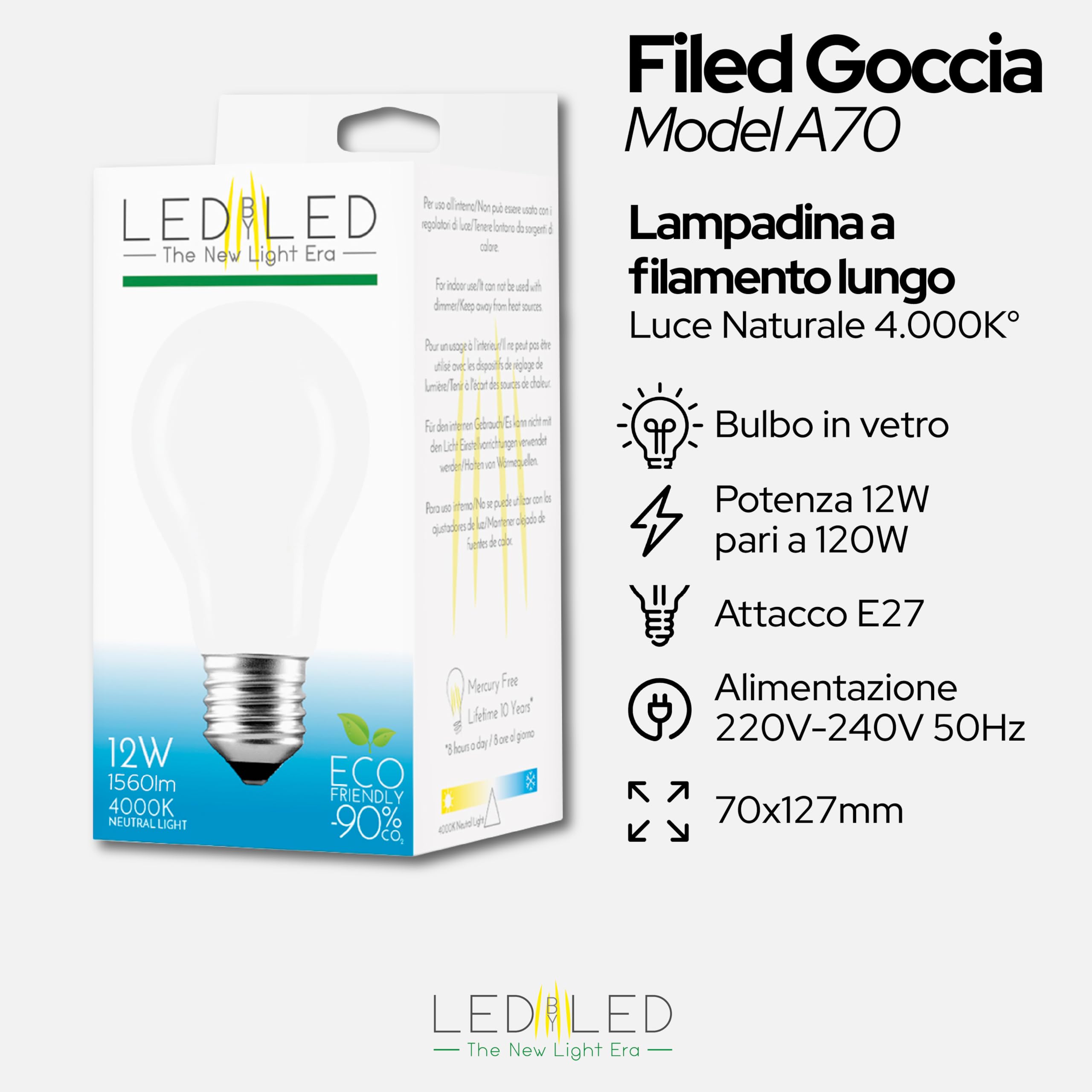 Lampadina Goccia 12W Pari a 120W, E27, Vetro Milky, 4000K Luce Naturale, filamento LED dritto, 1560 Lumen, Pack 10 Pezzi