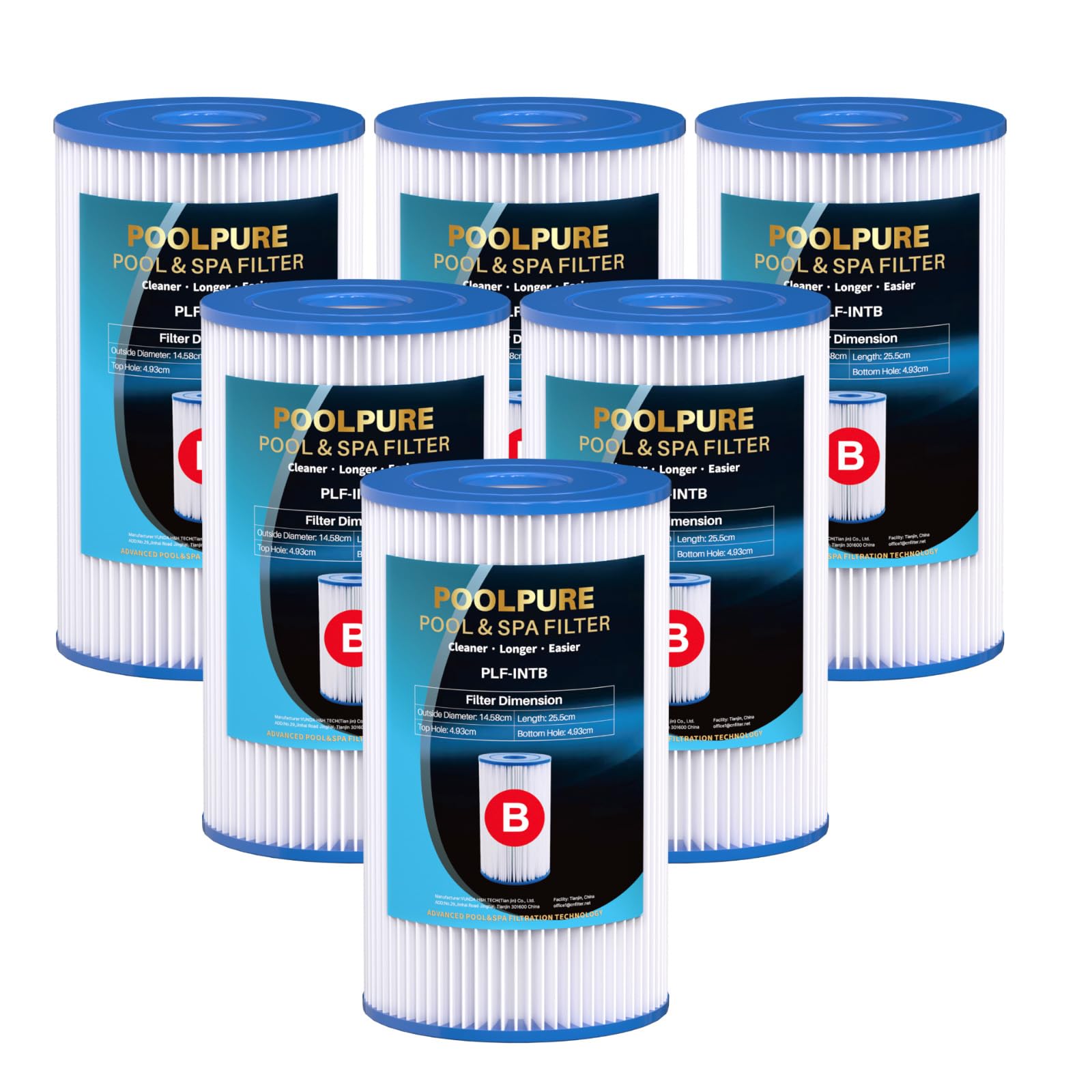 POOLPURE Lot de 6 Cartouche Type IV/B, Cartouche de Filtration B pour 58095 et 29005/59905, Filtre de Piscine pour Pompe de Filtration, 14,5 x 14,5 x 25,5 cm