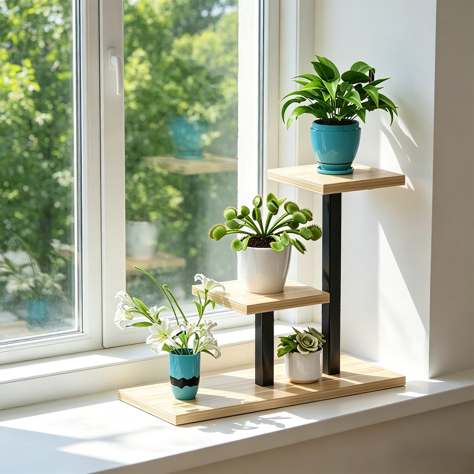 Soporte esquinero de madera de 3 niveles para plantas, ideal para colocar