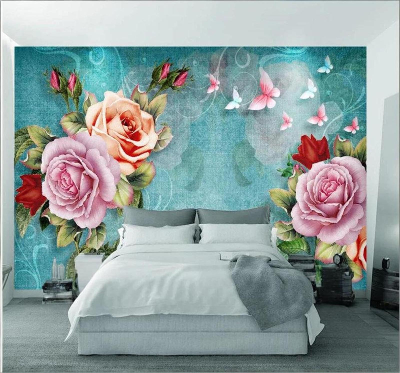 Vintage Hand Drawn Beautiful Flowers Butterflies 3D Wallpaper Easy Install Feature Office Living Room Sofa Bedroom TV Background Wall Decoration-400cm×280cm