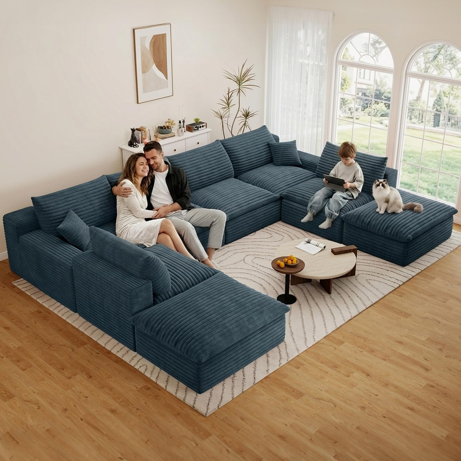 136" Cloud Couch Modular Sectional Sofa for Living Room, U-Shape Boneless Couch with Deep Seat, Modern Corduroy 6-Seater with Ottomans, No Assembly Required, Blue
