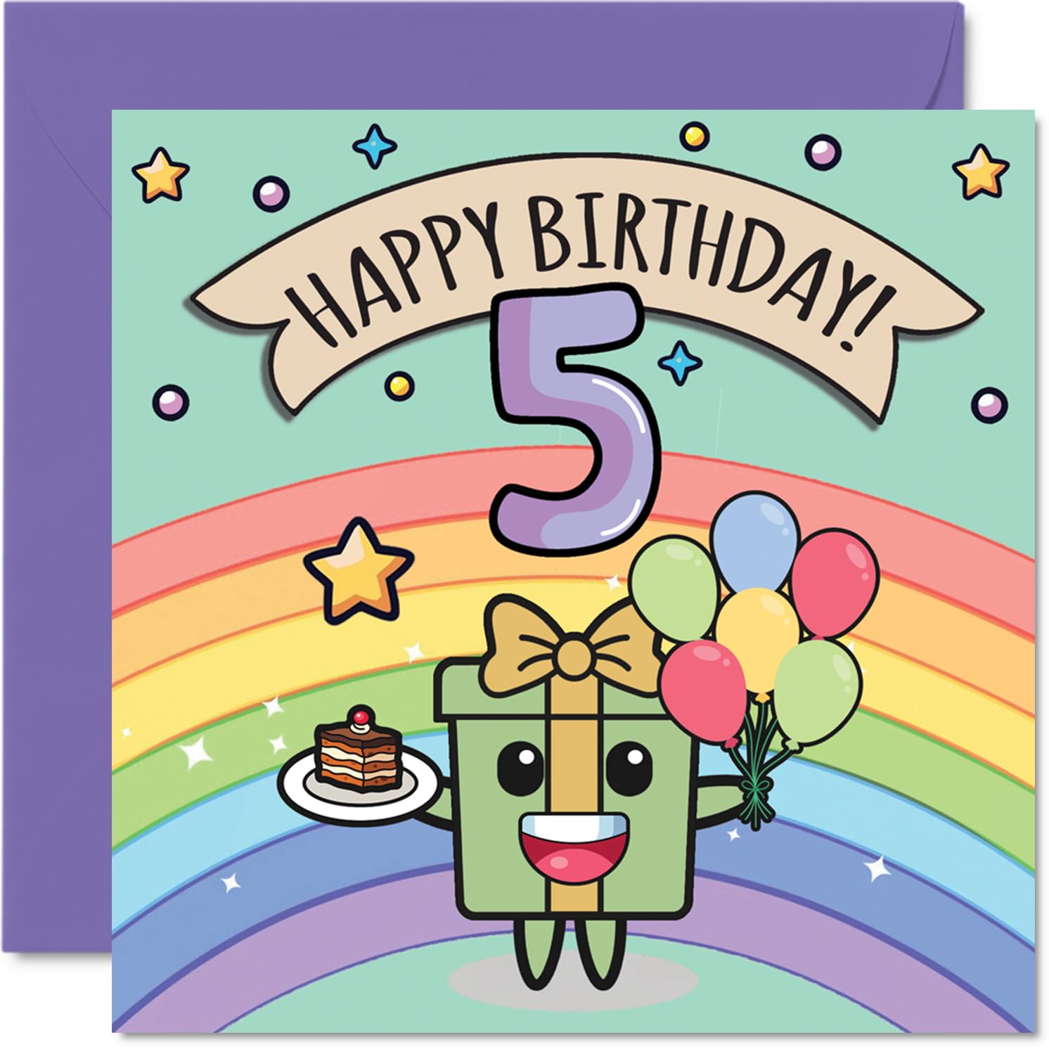 5th Birthday Card - Cute Rainbow Present Balloons Cake - Happy Birthday Cards for Age 5 Boys Girls Boy Girl, 145mm Bday Greeting Cards