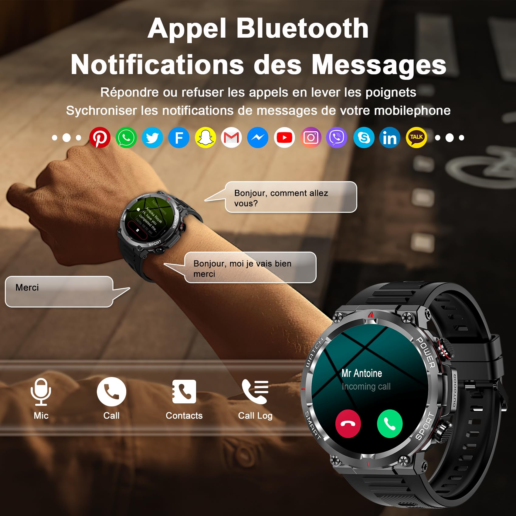 IOWODO Montre Connectée Homme avec Appel Bluetooth, Montre Appel, Écran 1.39" TFT, Moniteur Cardiofréquence/SPO2, Analyse Sommeil, 100 Modes de Sport,pour Android/iOS (Noir)
