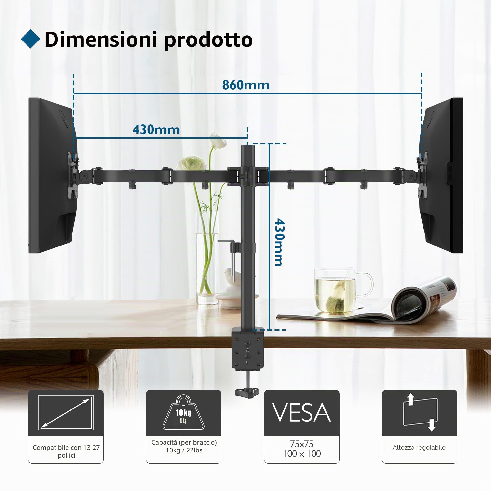 BONTEC Supporto Doppio Monitor LED LCD 13-27 Pollici Braccio Scrivania Morsetto VESA 75x75-100x100 mm