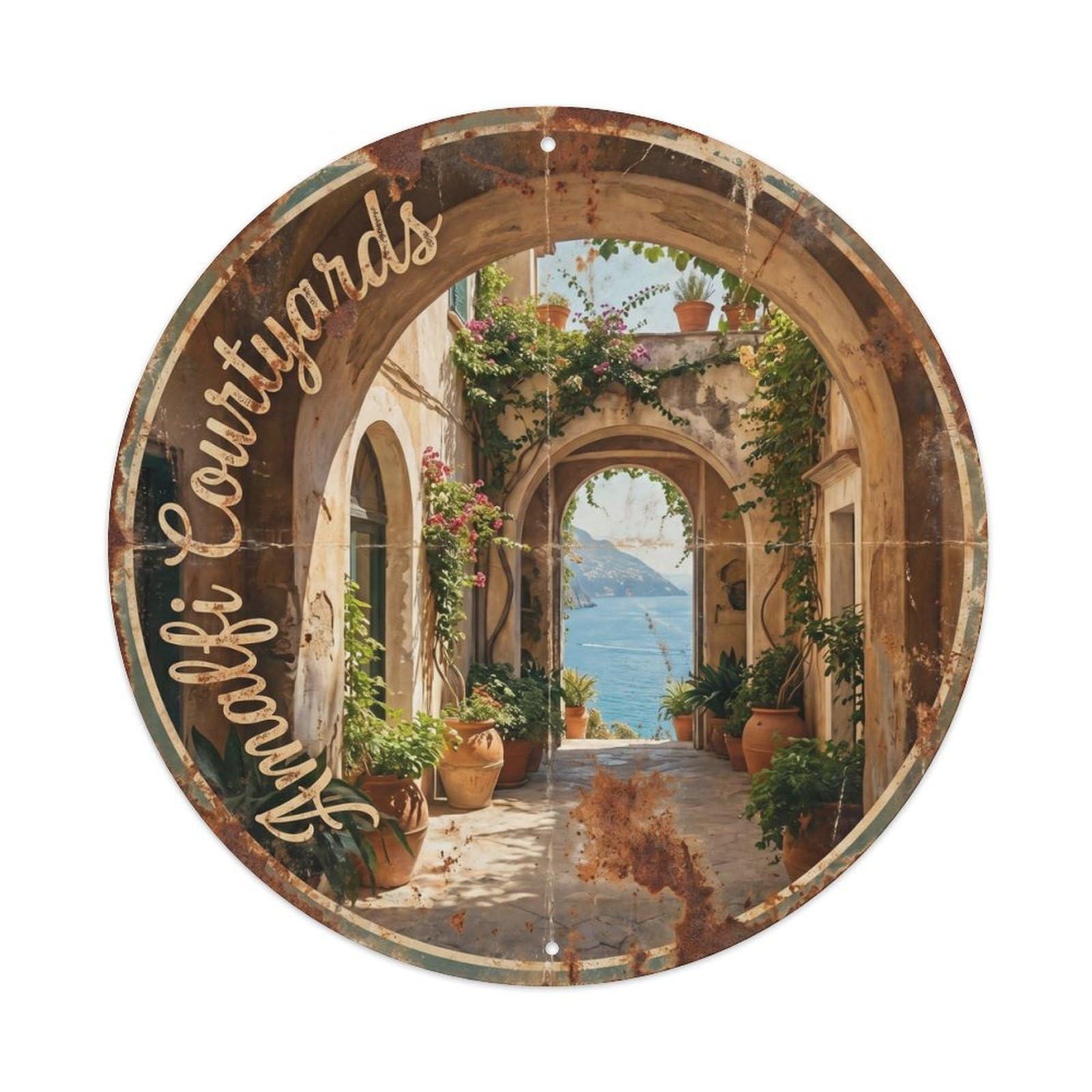 Italian Coast Courtyard Village Amalfi Classic Travel Metal Tin Sign Plaque Wall Decor for Cafe, Man Cave, Club Bar, Office, Home Garden Round Metal Poster 8x8Inch