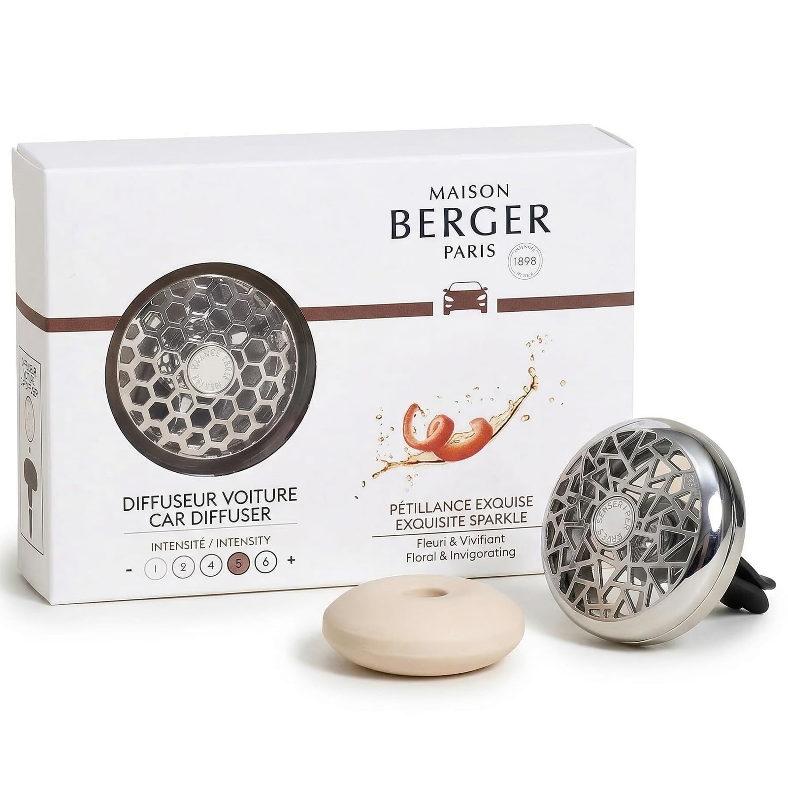 Maison Berger - Difusor Coche Pétillance Exquise - Perfume Floral y Afrutado - Difusión Duradera - Difusor + 1 Recambio de Fragancia