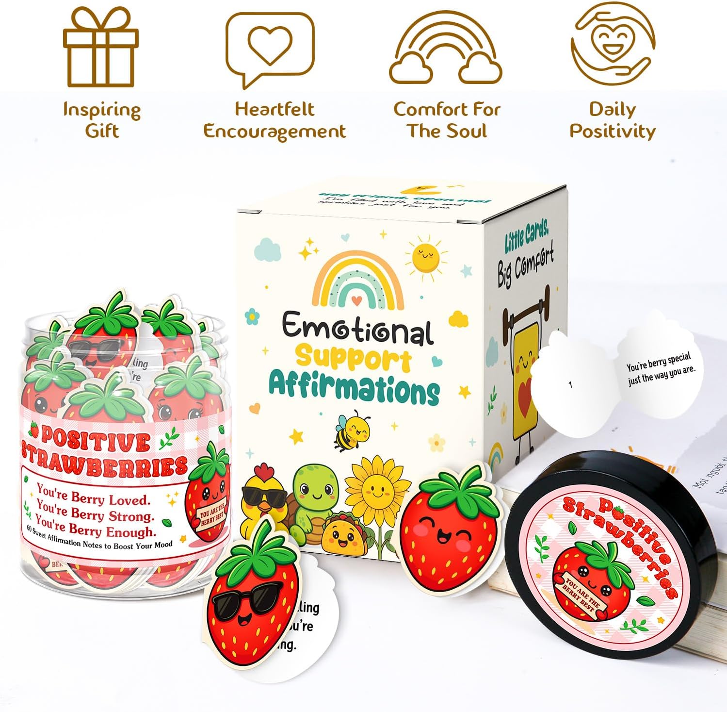 Emotional Support Strawberries – Strawberry Gifts For Women, Girls - 60 Positive Strawberry Daily Affirmation Cards Jar – Inspirational Gifts for Women, Coworker – Birthday, Thank You Gift for Besties - Image 2