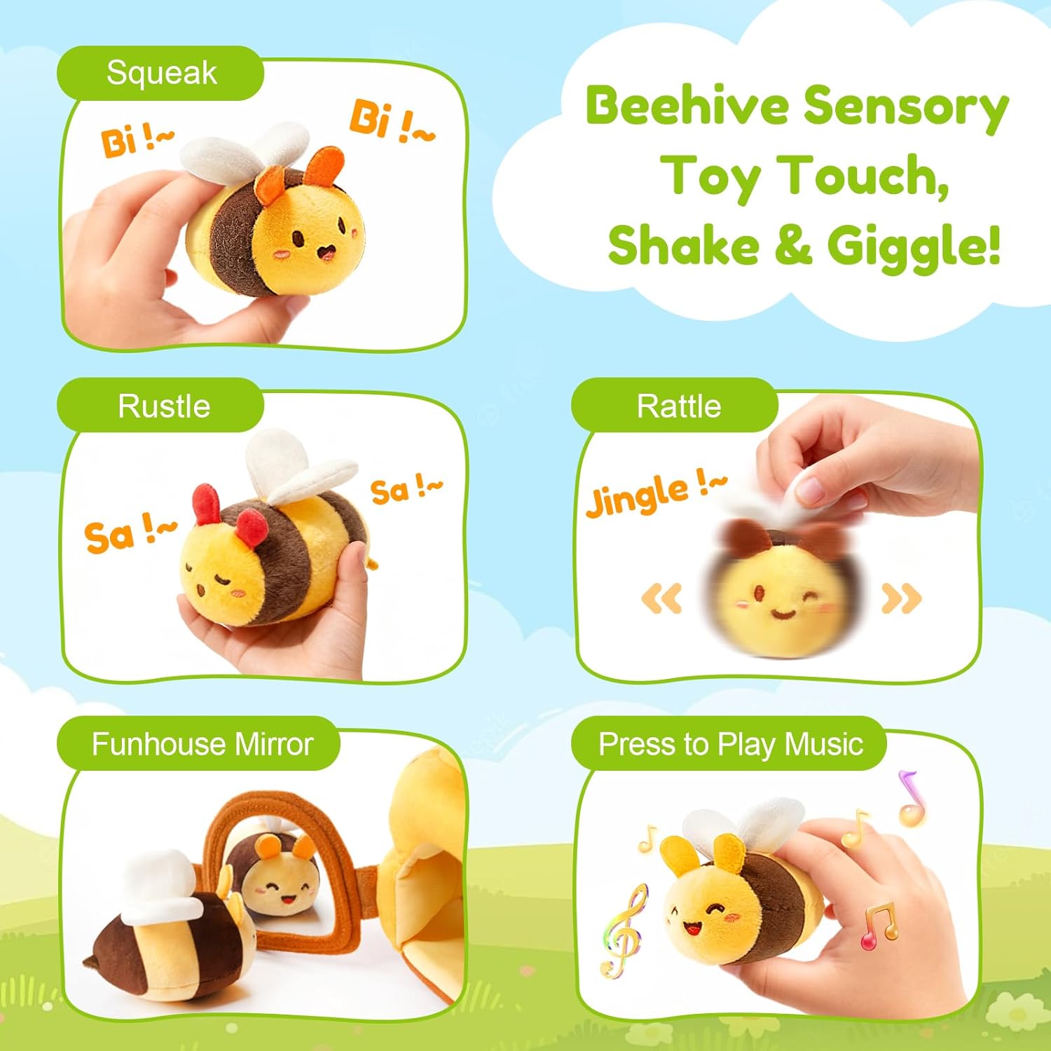 Baby Toys 6-12 Months - Soft Beehive Infant Toy with 5 Sensory Bees, Rattle, Crinkle, Squeaker, Mirror & Music, Montessori Toys for Babies 3 6 9 12 18 Months, Baby Boys Girls Christmas Birthday Gifts - Image 3