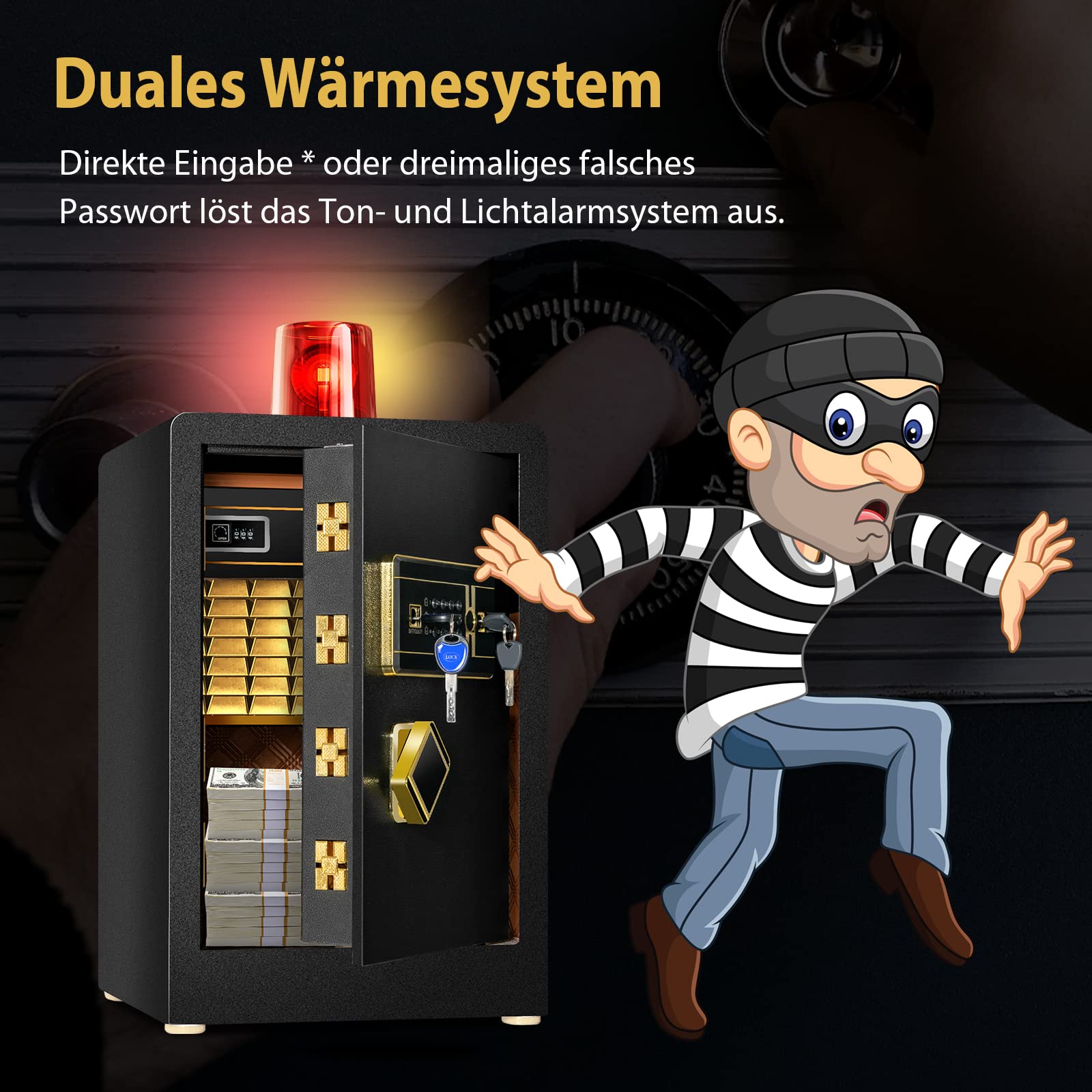COSTWAY 42,5L Tresor feuerfest für Zuhause, Elektronik Safe mit integriertem Mini Tresor & Zufallszahlen-Tarnung & Alarmsystem, höhenverstellbar & abnehmbar Ablage, inkl. 2 Haupt- & 2 Notschlüssel