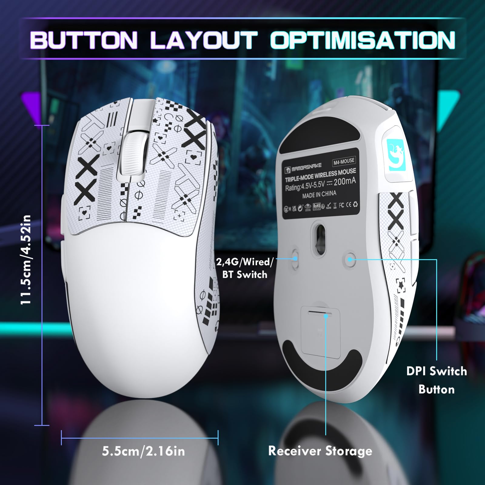 MAMBASNAKE M4 Mouse Gaming Wireless Ultra-Leggero, 53g, Sensore PAW3311, 24000 DPI, Bluetooth/2.4G/Cablato, RGB, Batteria 400mAh, 20M Click, per Gioco/Lavoro (Bianco-B)
