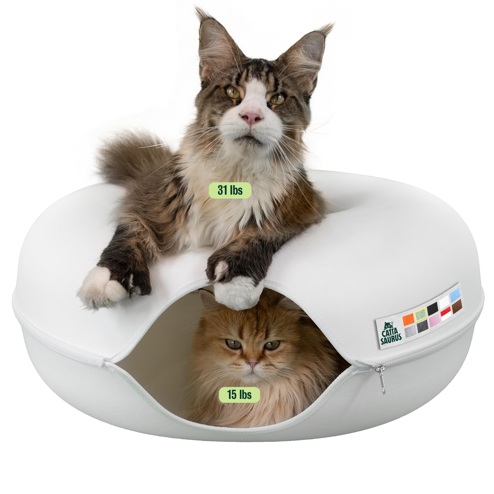 Cattasaurus Peekaboo Cat Cave, Extra Spacious for Multiple &amp; Large Cats 15+ lbs, Scratch Detachable Cat Beds for Indoor Cats, Washable Tunnel Bed, Comfy Donut Tunnel (White, Jumbo)