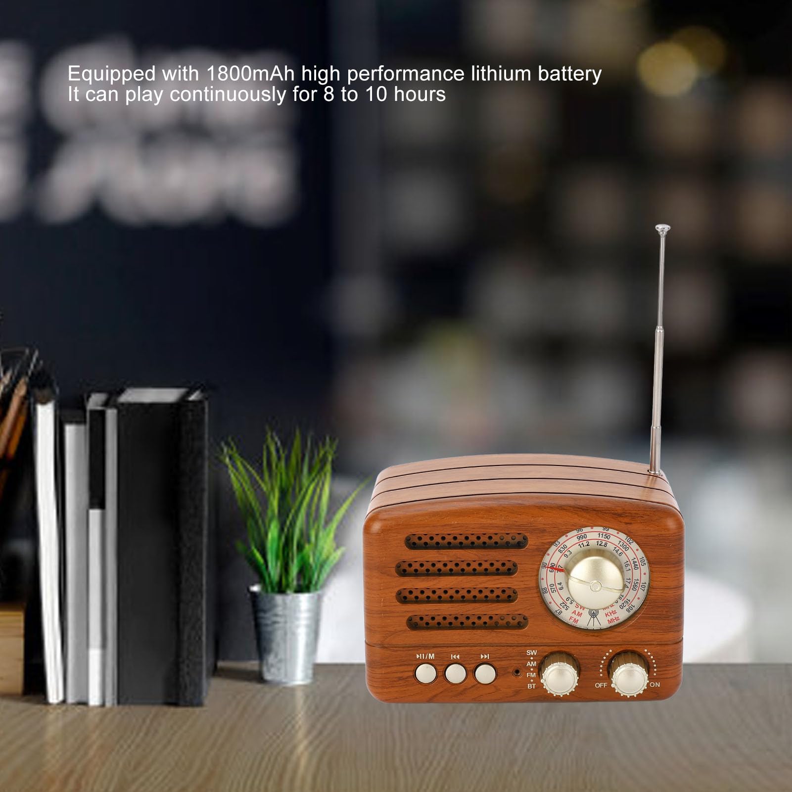 Radio AM FM vintage Altoparlante retrò portatile USB con antenna regolabile, batteria 1800mAh, legno