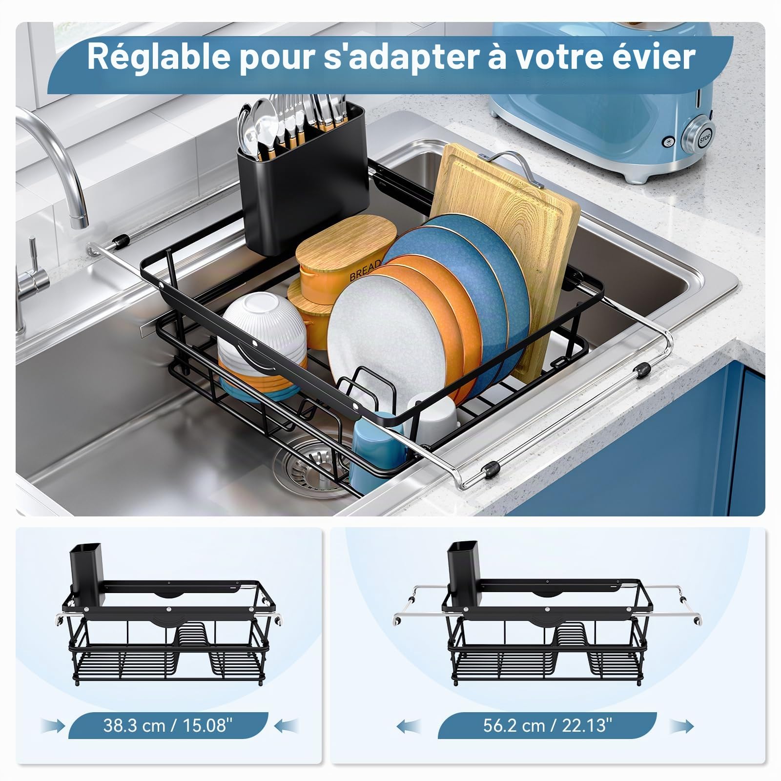 Dish Draining Board - Large Capacity Dish Drainer in the Sink, Extendable Drainer with Utensil Holder for Kitchen Countertop, 97-56.7 x 32.8 x 15.5 cm
