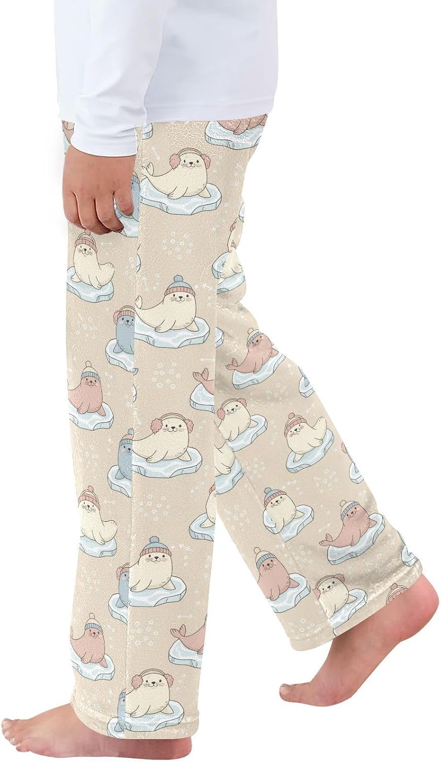 Winter Seal Ice Beige Print Plush Pajama Pants Sleepwear Bottoms Lounge Fleece Pants with Elastic Waist, S-XL