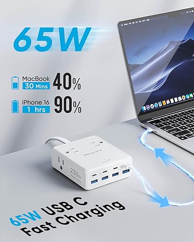 Miniatura 2 de Regleta USB de 230 W, cable de extensión de enchufe plano de 5 pies con 4 salidas de CA, 8 puertos USB (4 USB C y 4 USB A), protector de