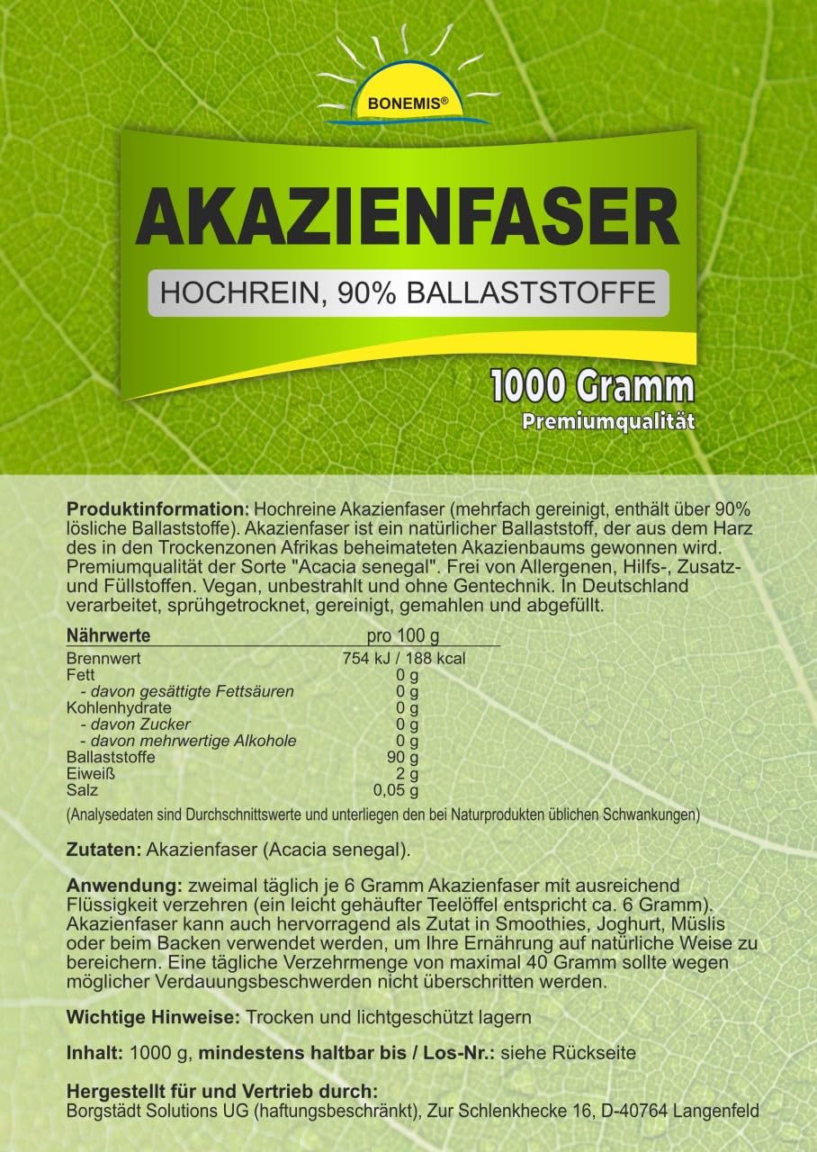 Akazienfaser, mehrfach gereinigt, über 90% Ballaststoffe, hochreine Premiumqualität ohne Zusätze, 1 kg Beutel