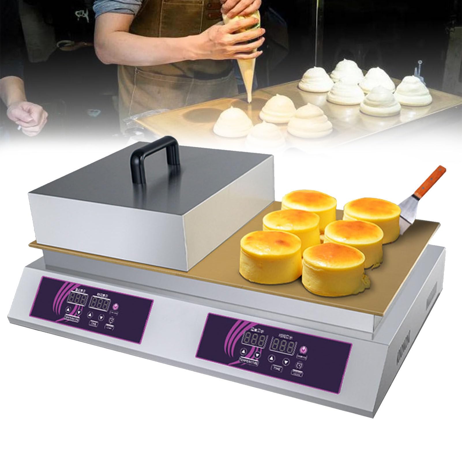 HTTGDGDH Electric Souffle Machine, Commercial Dorayaki Pancake Souffle Maker Machine, Temperature Range: 0-260°, With Stainless Steel Cover,Doublehead