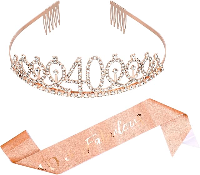 Leixi 40 and Fabulous Sash & Rhinestone Tiara Set - 40th Birthday Gifts Birthday Sash for Women Birthday Party Supplies (Rose Glod)