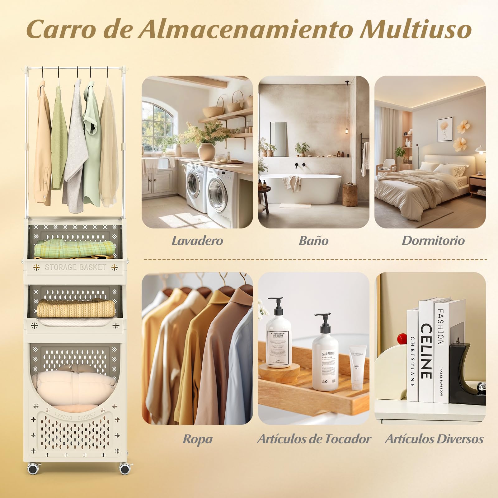 COSTWAY Cesta de Ropa Sucia con Ruedas de 4 Niveles, Cesto Plegable para Ropa Sucia con 6 Ganchos para Colgar, Carrito Multiusos que Ahorra Espacio para Lavandería Baño (con Perchero)