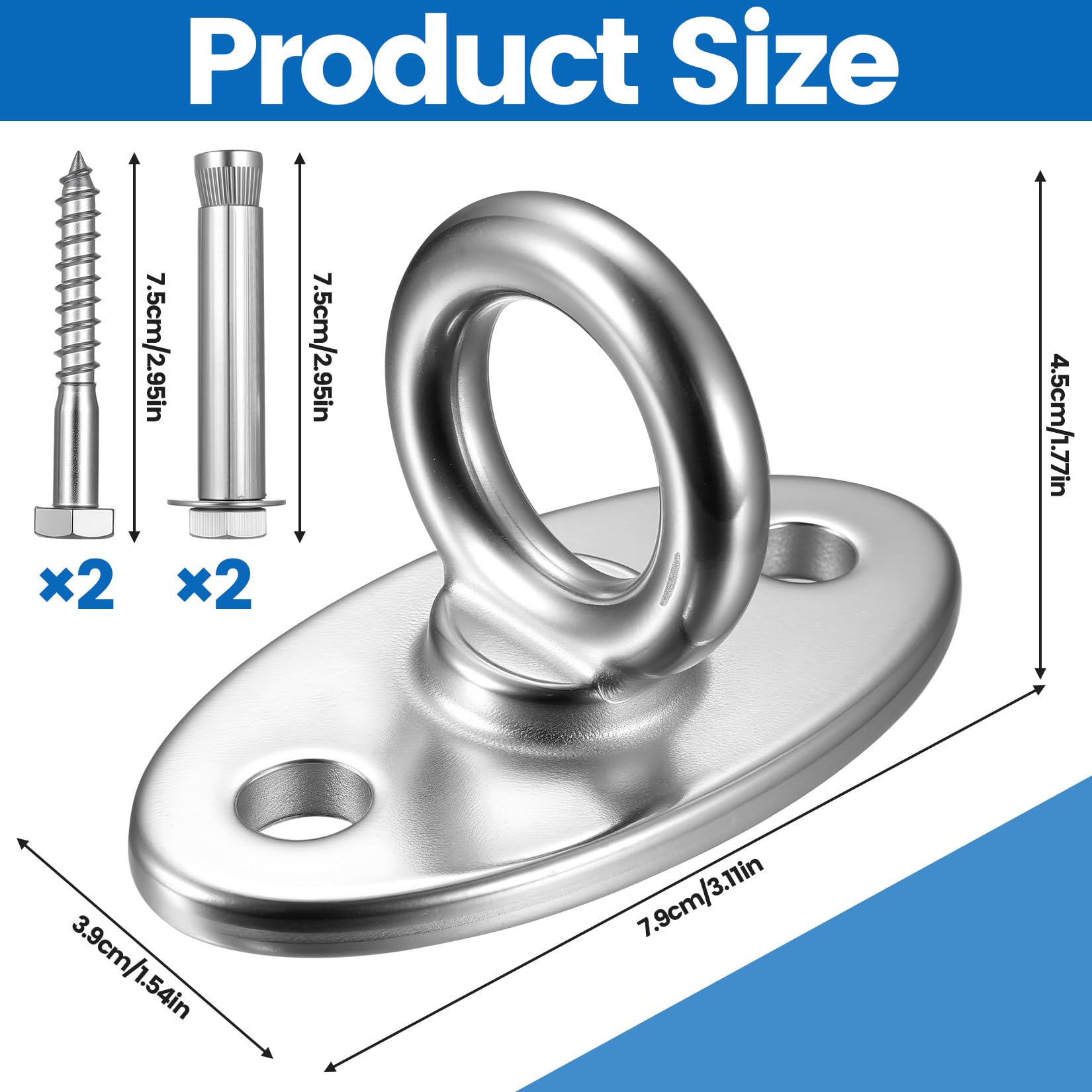 M8 Ceiling Hooks Heavy Duty Swing Hangers HooksStainless Steel Eye Plates Hammock Hooks Pad Eye Plate for Yoga Punch Bag Brackets Wall Swing Chair Suspension Hook Hanging Kit - Image 2