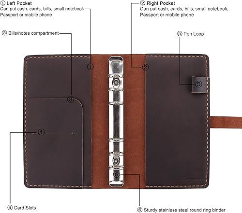 Miniatura 4 de Cuaderno de escritura de diario de cuero genuino, carpeta de anillos A6, bloc de notas recargable, organizador de viaje hecho a mano vintage para