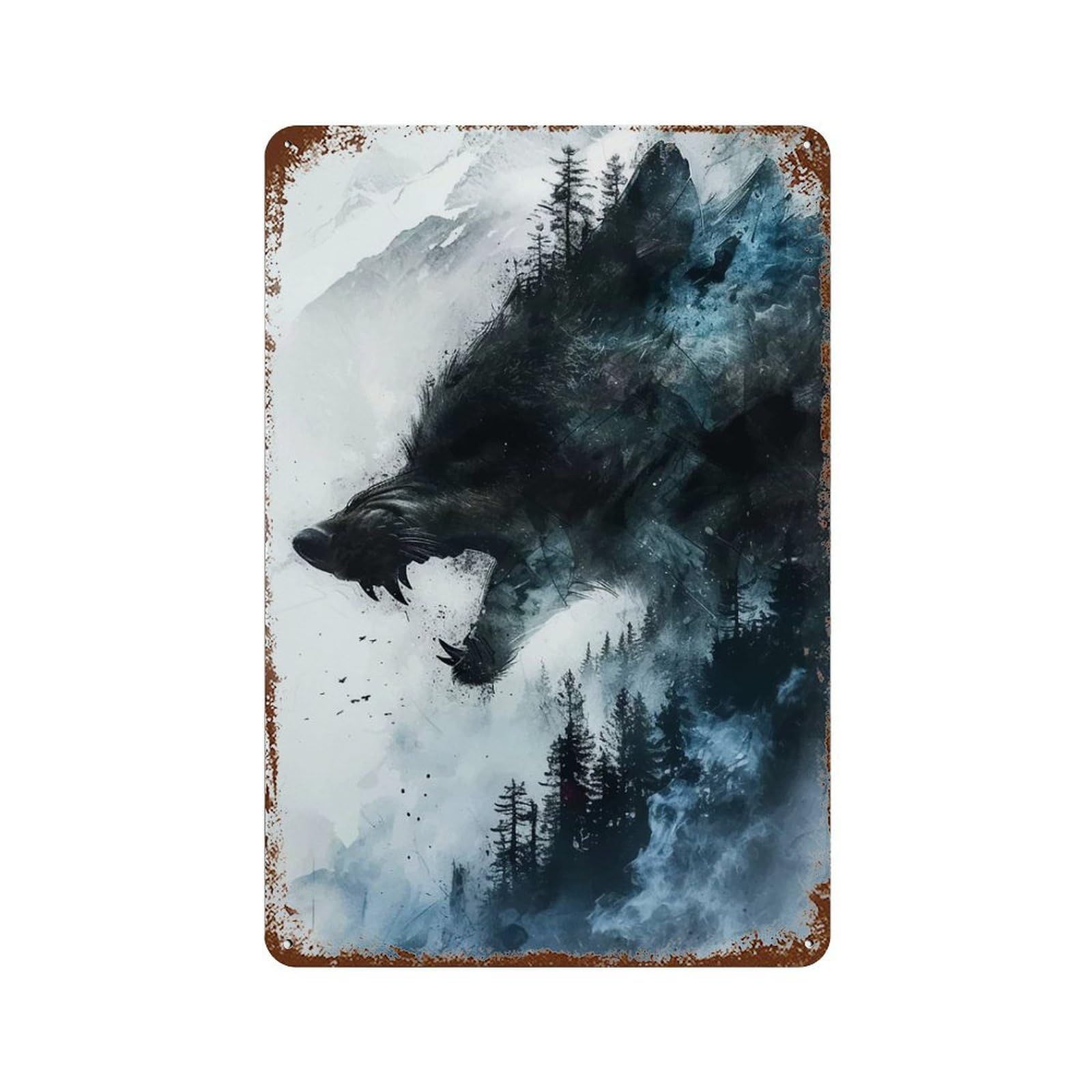 Rust Effect Black Wolf Rusty Metal Tin Sign 11.8"x7.9", Industrial Home Decor for Living Room, Hallway And Home Decor