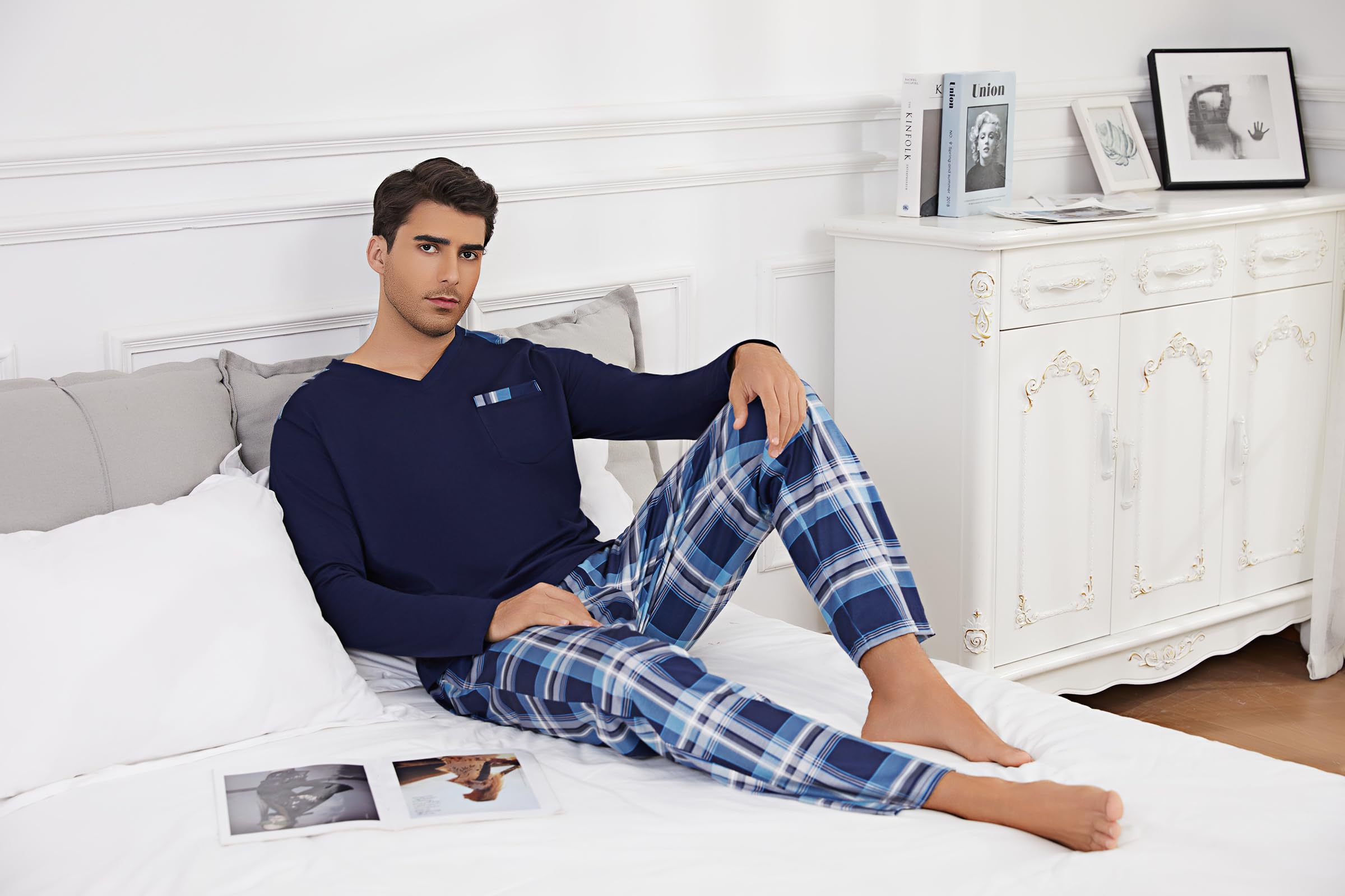 Litherday Pijama Hombre Invierno Algodón Conjunto de Pijama Hombre Manga Larga Camiseta con Bolsillos y Largo Pantalones de Pijama