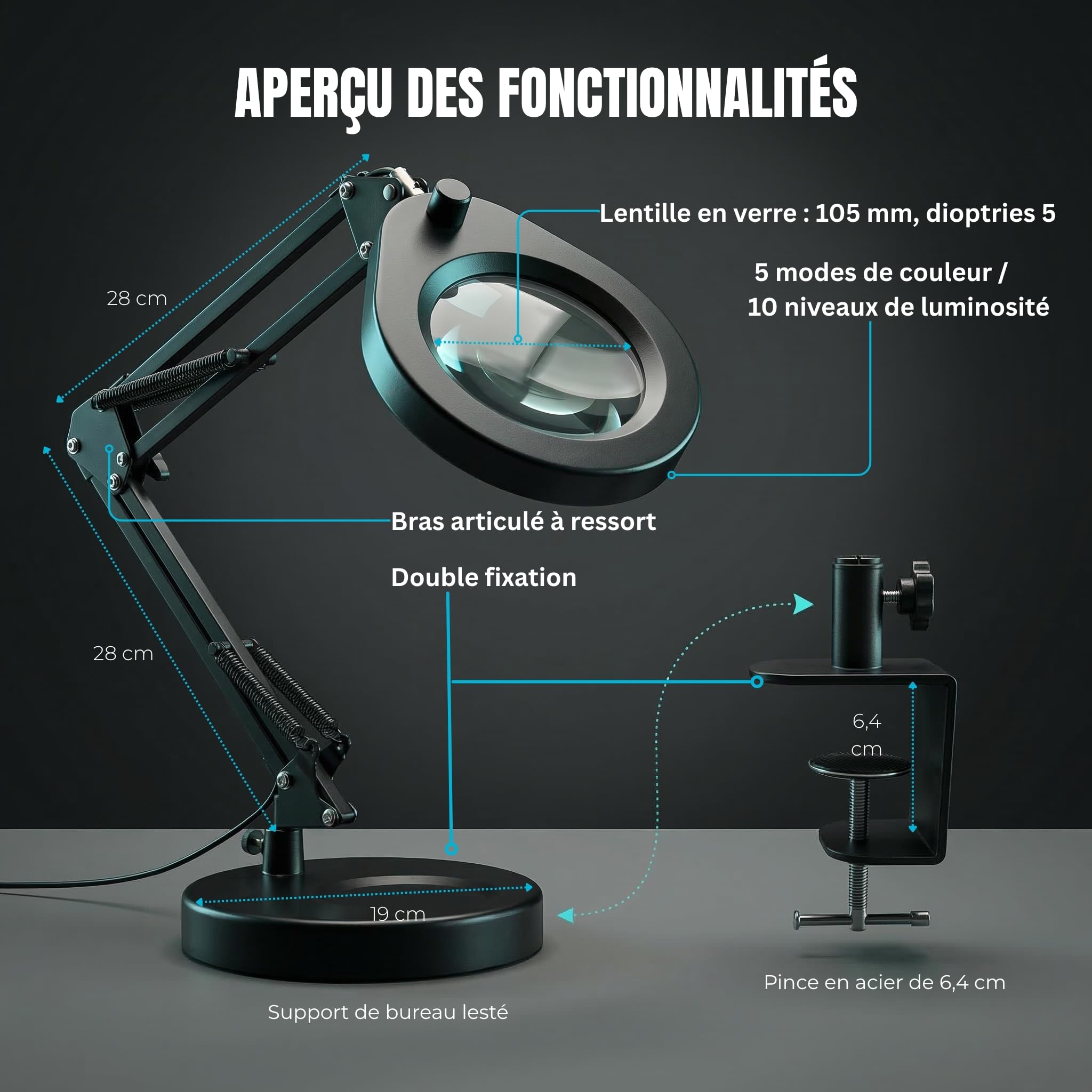 Lampe Loupe avec Socle et Pince, Loupe Éclairée 105 mm 5X, Lumière Dimmable (5 Couleurs, 10 Niveaux, 790 LM), Bras Pivotant Réglable - Mains Libres pour Travaux de Précision